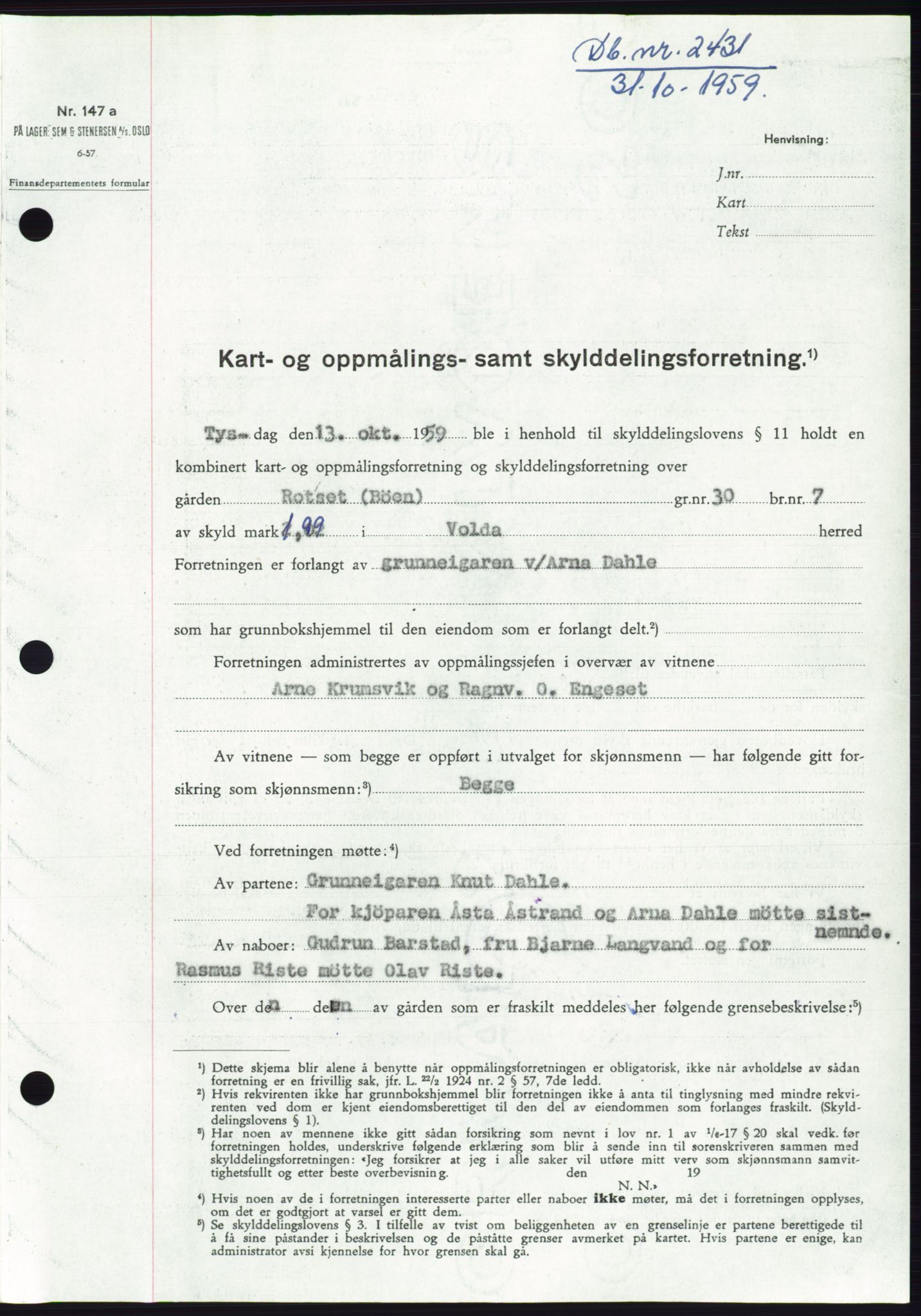 Søre Sunnmøre sorenskriveri, AV/SAT-A-4122/1/2/2C/L0113: Mortgage book no. 39A, 1959-1959, Diary no: : 2431/1959