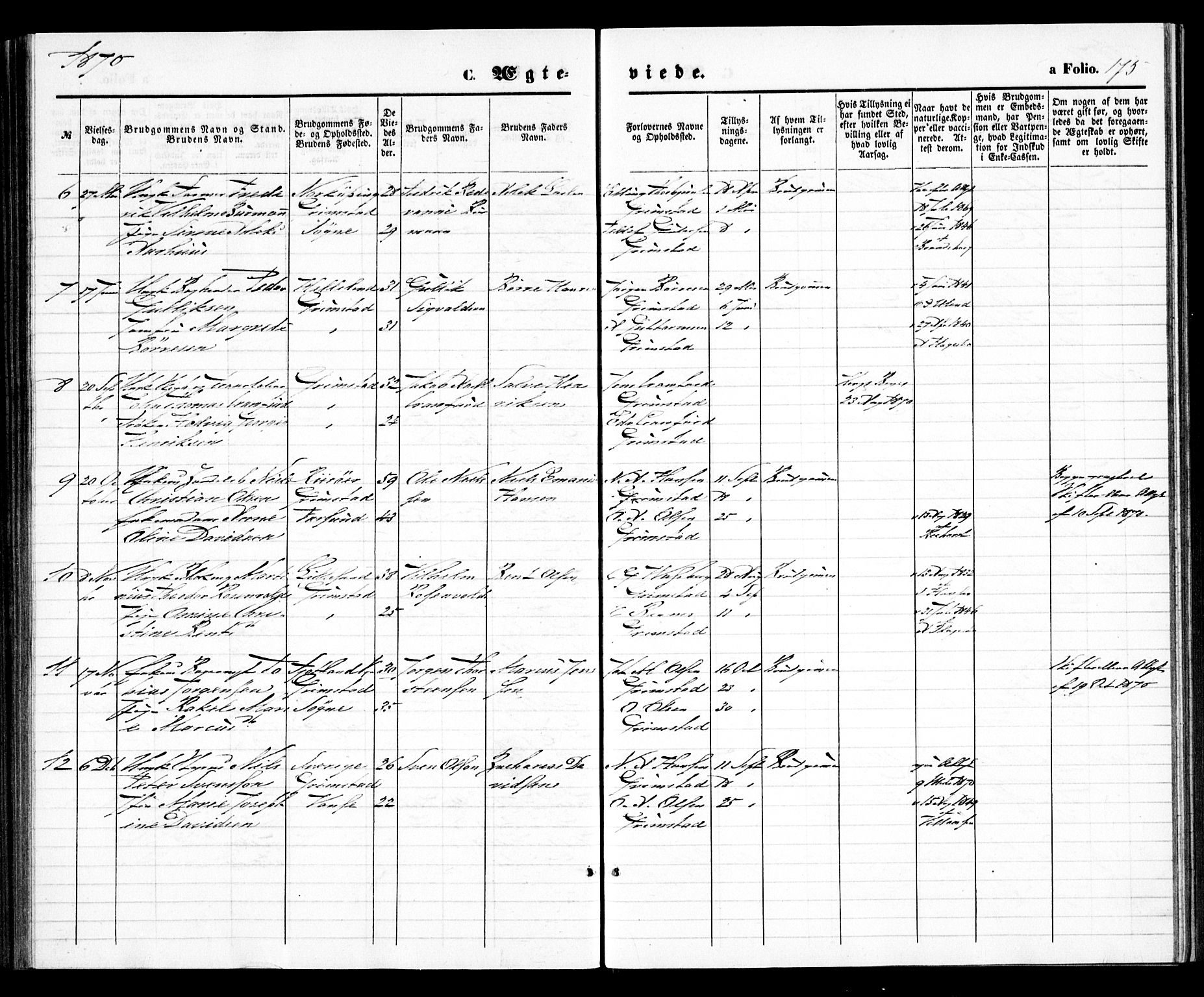 Grimstad sokneprestkontor, SAK/1111-0017/F/Fa/L0002: Parish register (official) no. A 1, 1869-1881, p. 175