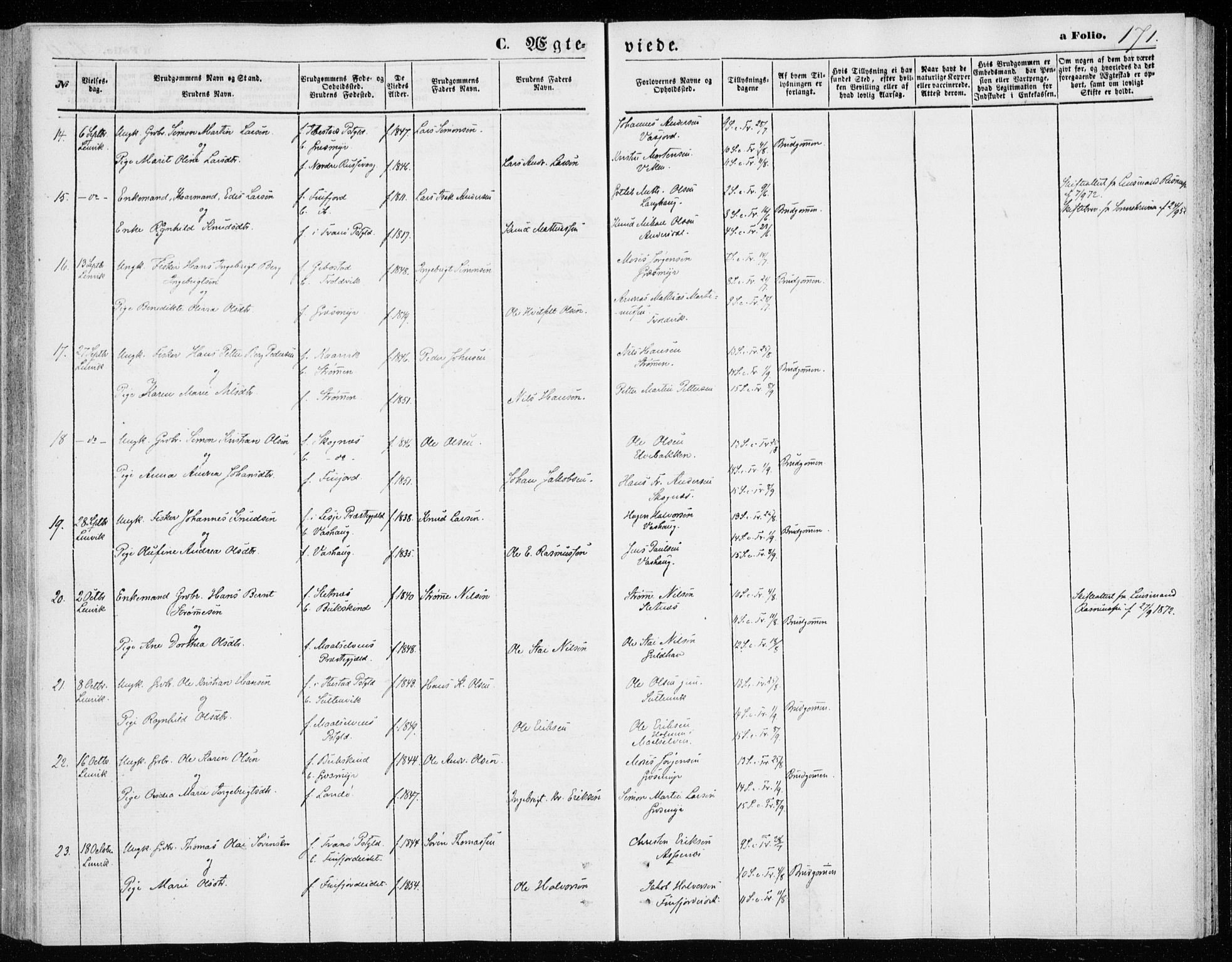 Lenvik sokneprestembete, SATØ/S-1310/H/Ha/Haa/L0009kirke: Parish register (official) no. 9, 1866-1873, p. 171