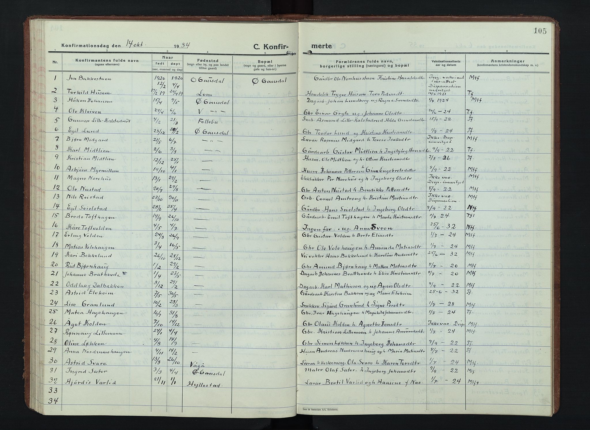 Østre Gausdal prestekontor, SAH/PREST-092/H/Ha/Hab/L0006: Parish register (copy) no. 6, 1922-1945, p. 105