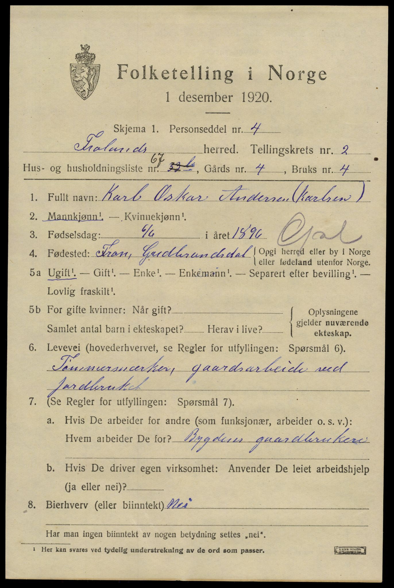 SAK, 1920 census for Froland, 1920, p. 2619