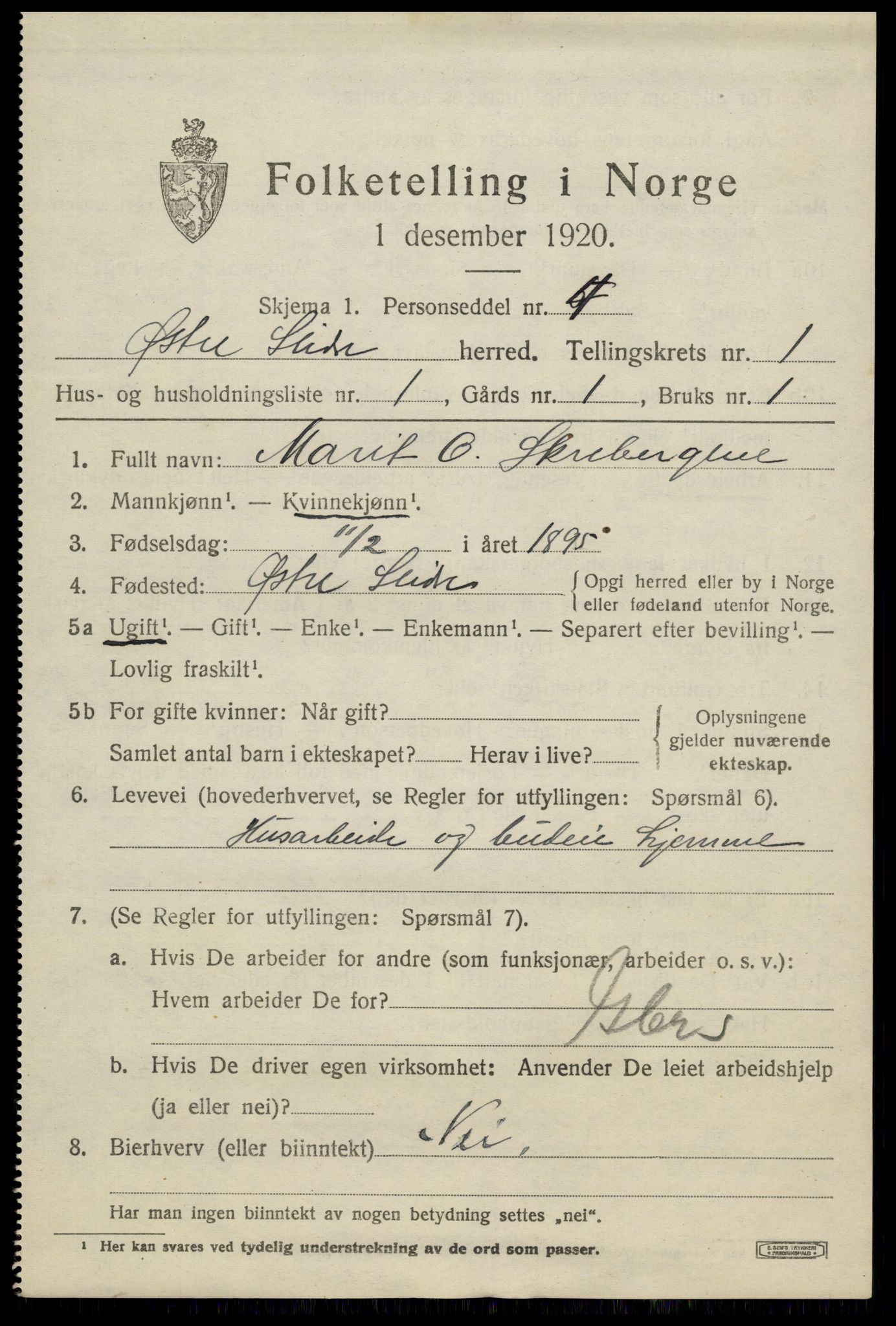 SAH, 1920 census for Øystre Slidre, 1920, p. 1009