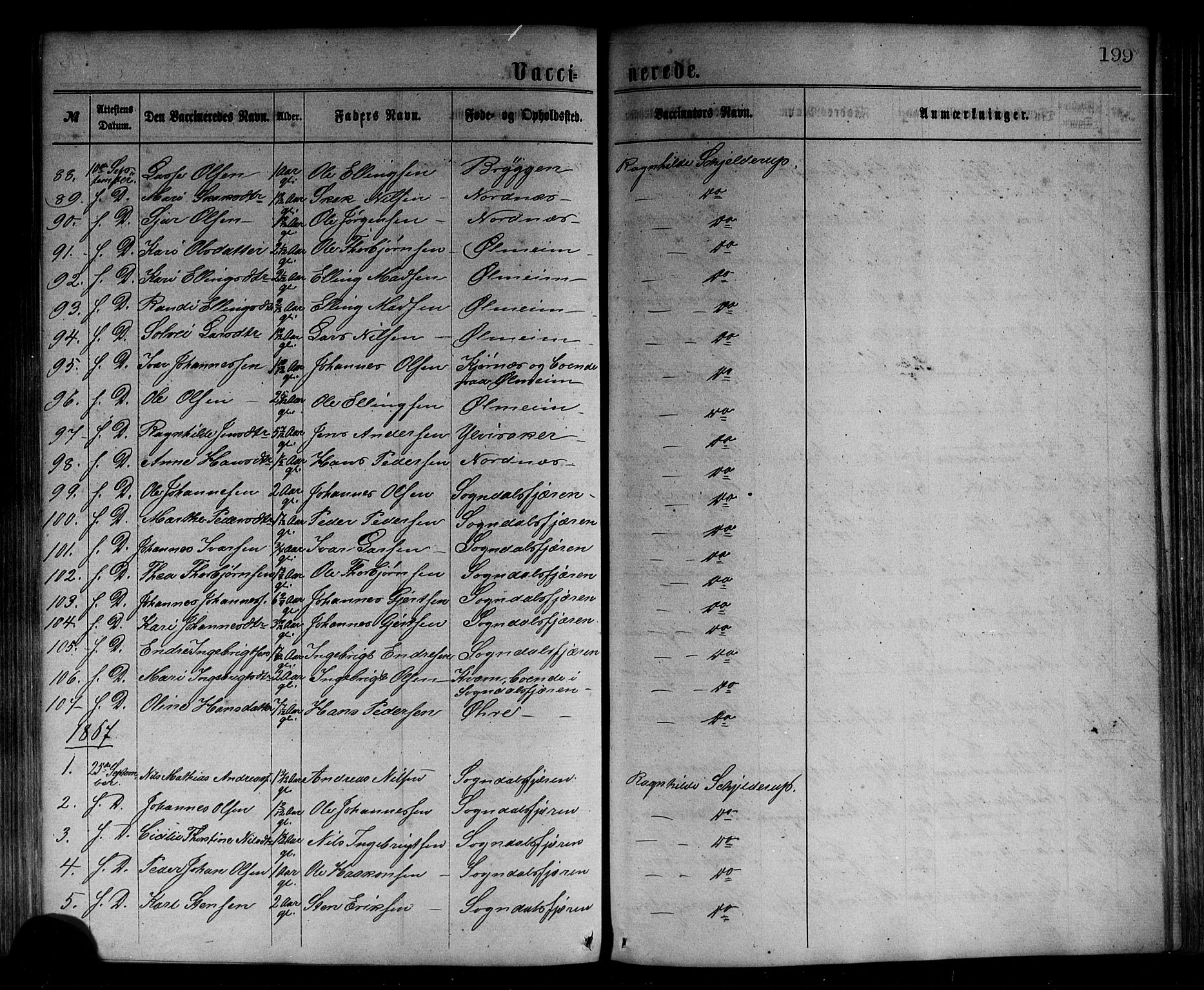 Sogndal sokneprestembete, SAB/A-81301/H/Haa/Haaa/L0014: Parish register (official) no. A 14, 1864-1877, p. 199
