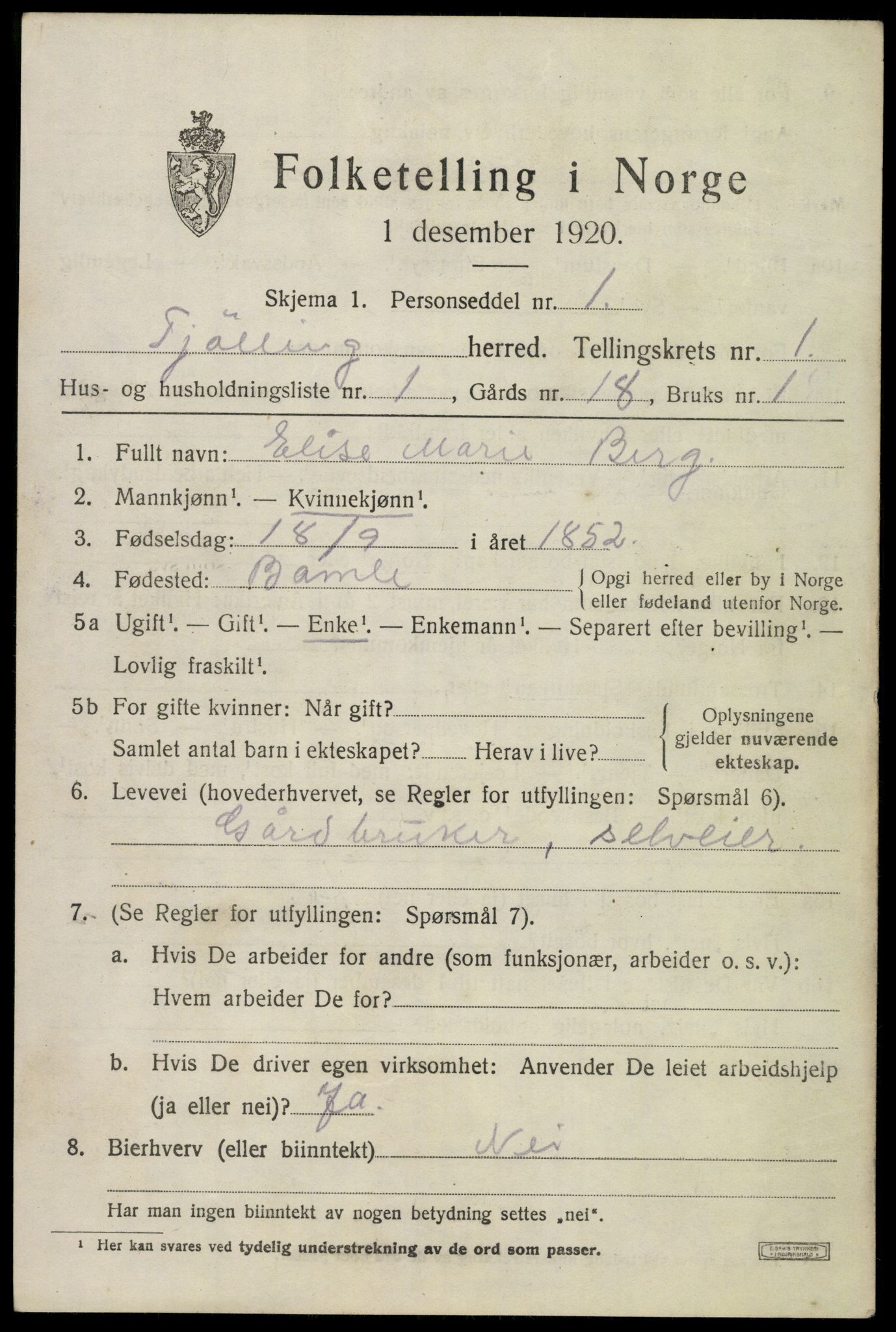 SAKO, 1920 census for Tjølling, 1920, p. 1543