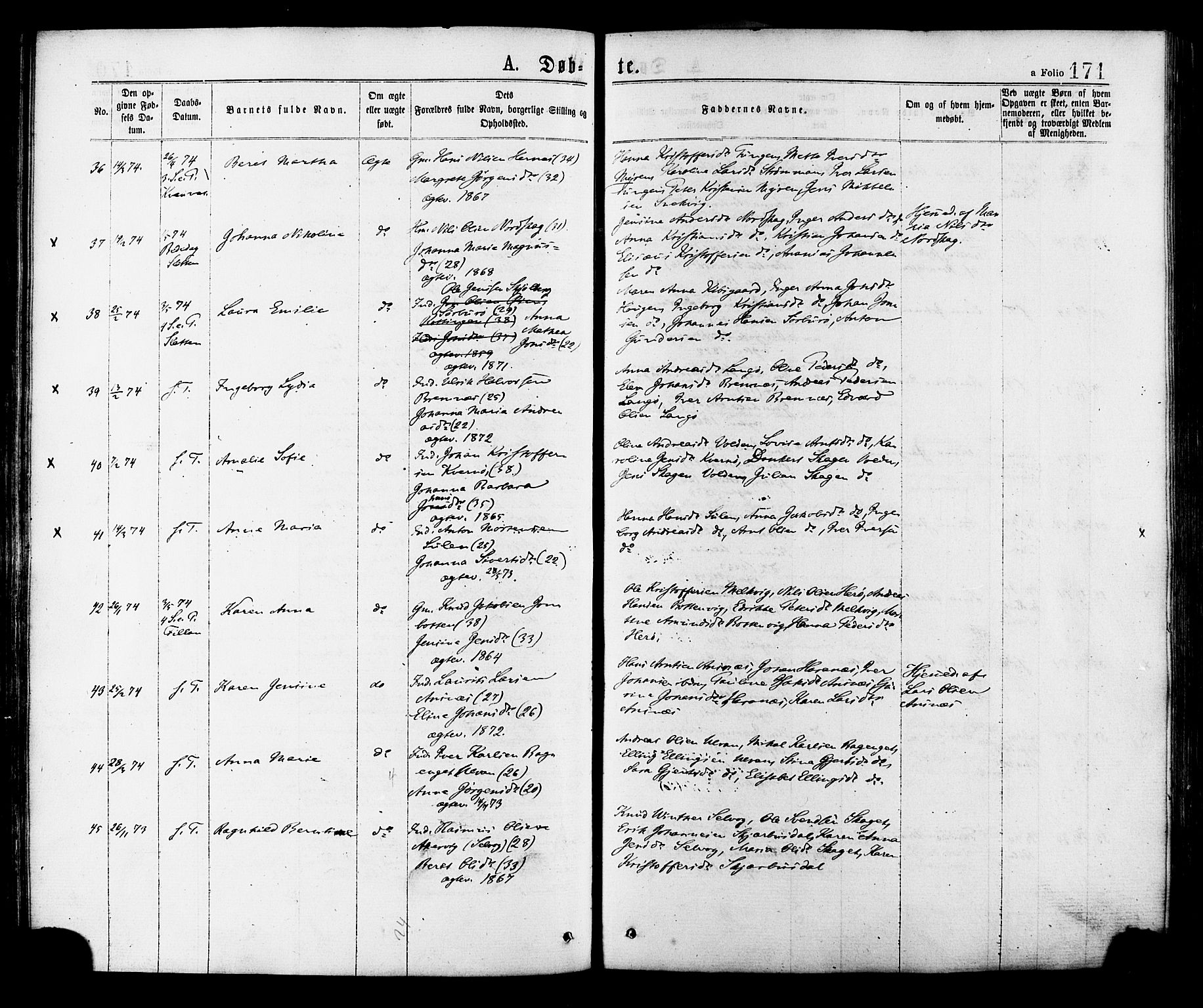 Ministerialprotokoller, klokkerbøker og fødselsregistre - Sør-Trøndelag, AV/SAT-A-1456/634/L0532: Parish register (official) no. 634A08, 1871-1881, p. 171