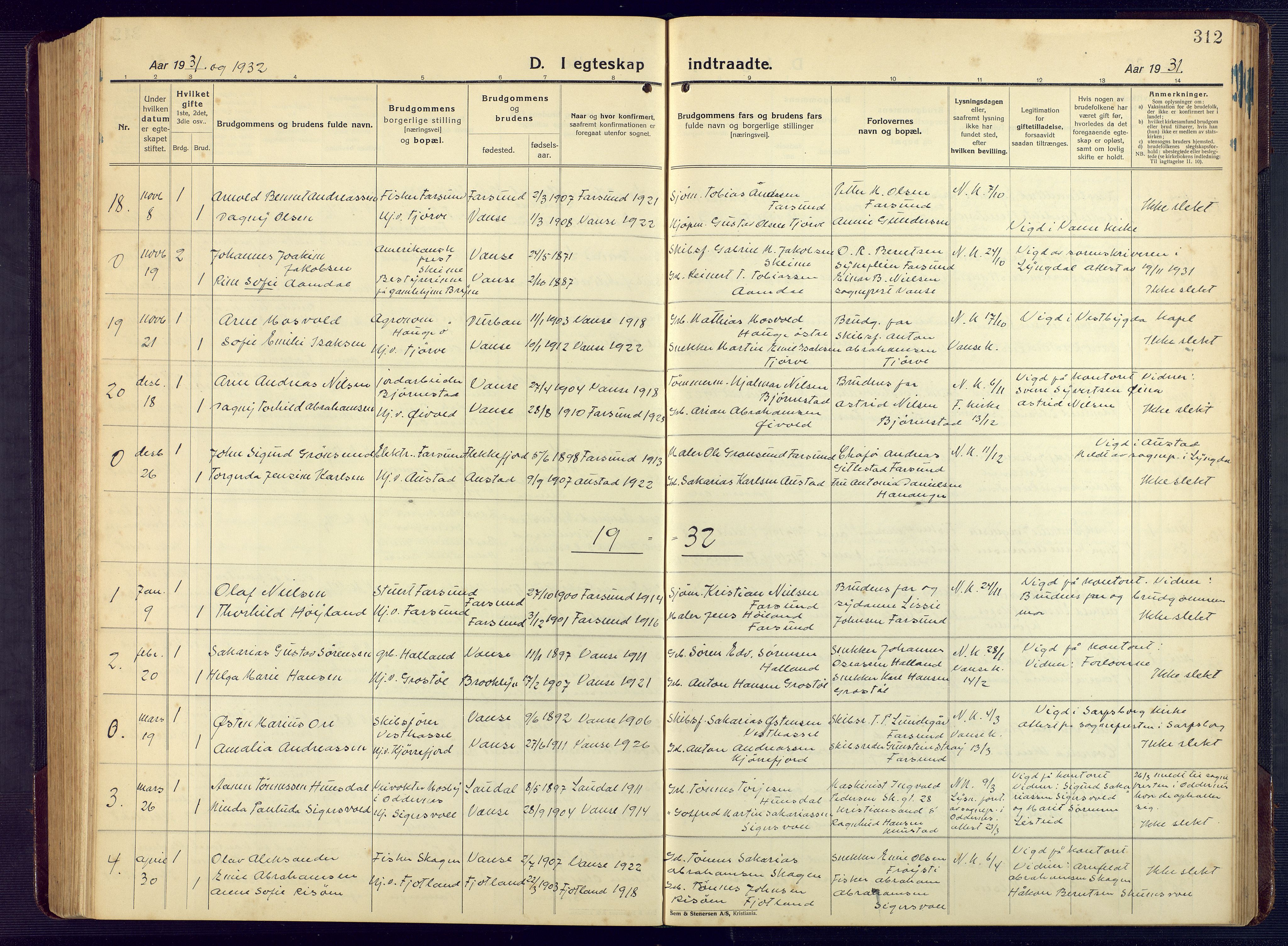 Lista sokneprestkontor, AV/SAK-1111-0027/F/Fb/L0006: Parish register (copy) no. B 6, 1924-1947, p. 312