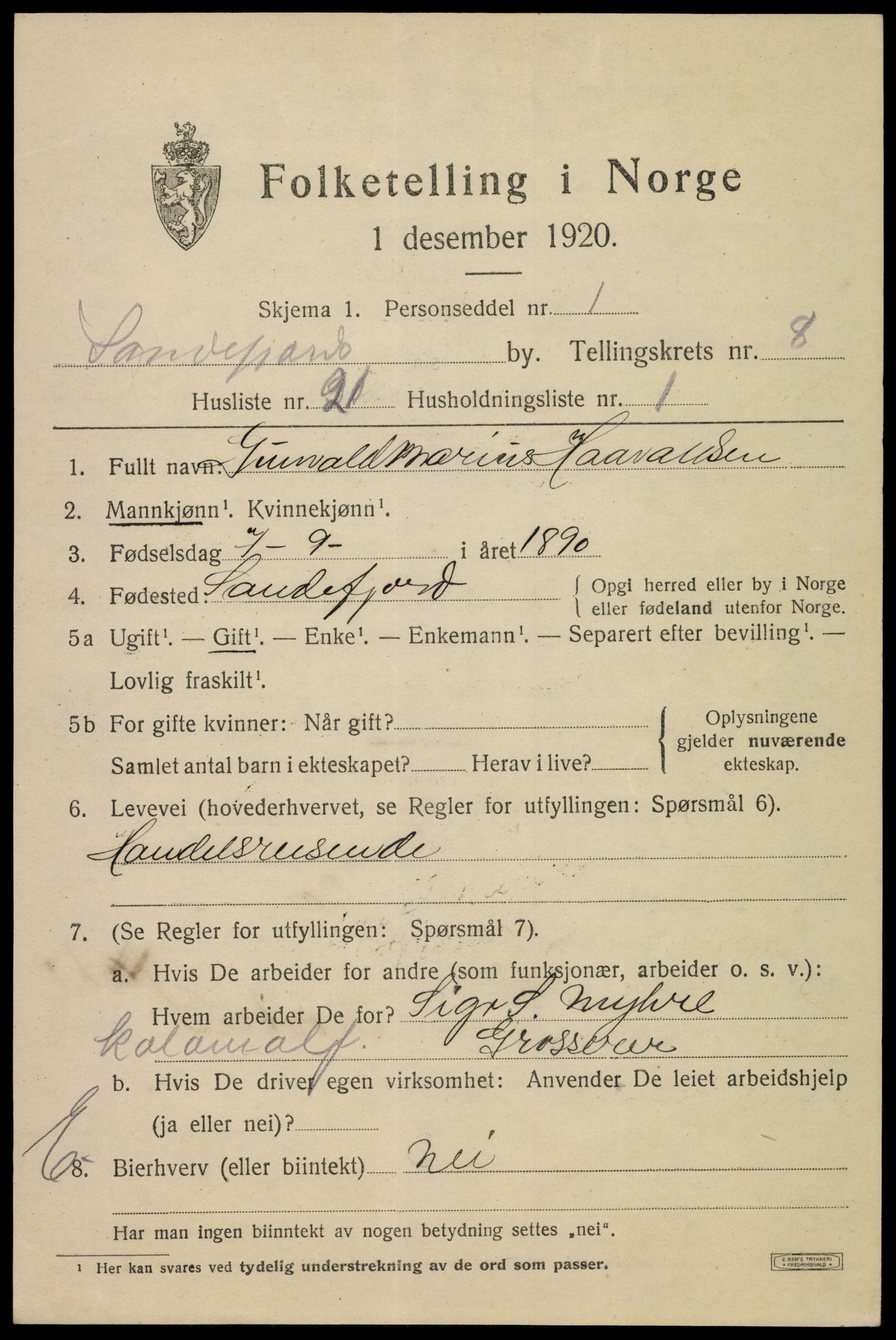 SAKO, 1920 census for Sandefjord, 1920, p. 12060