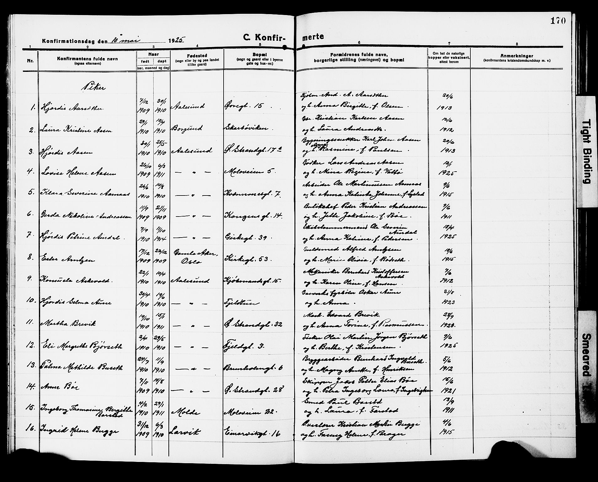 Ministerialprotokoller, klokkerbøker og fødselsregistre - Møre og Romsdal, AV/SAT-A-1454/529/L0472: Parish register (copy) no. 529C09, 1917-1929, p. 170