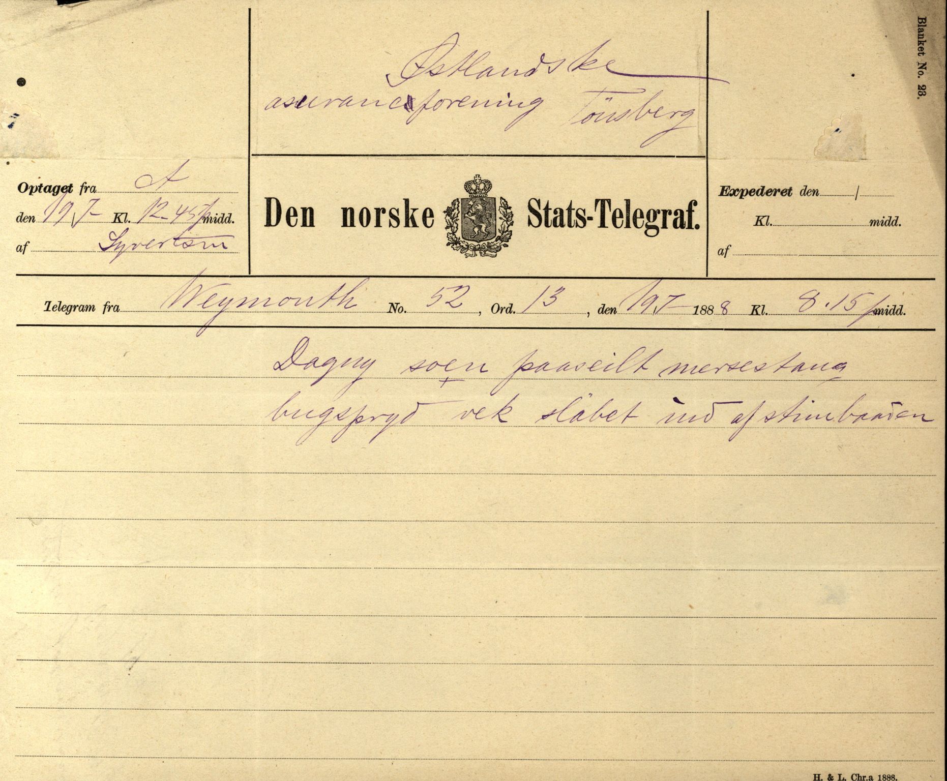 Pa 63 - Østlandske skibsassuranceforening, VEMU/A-1079/G/Ga/L0022/0001: Havaridokumenter / Columbus, Dagny av Holmestrand, Venus, Lymphia, Dione, 1888, p. 9