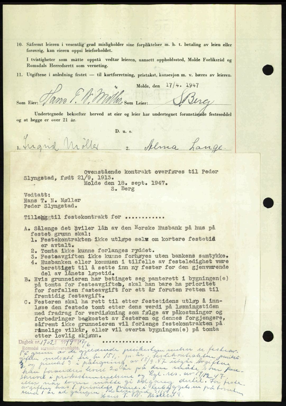 Romsdal sorenskriveri, SAT/A-4149/1/2/2C: Mortgage book no. A22, 1947-1947, Diary no: : 956/1947