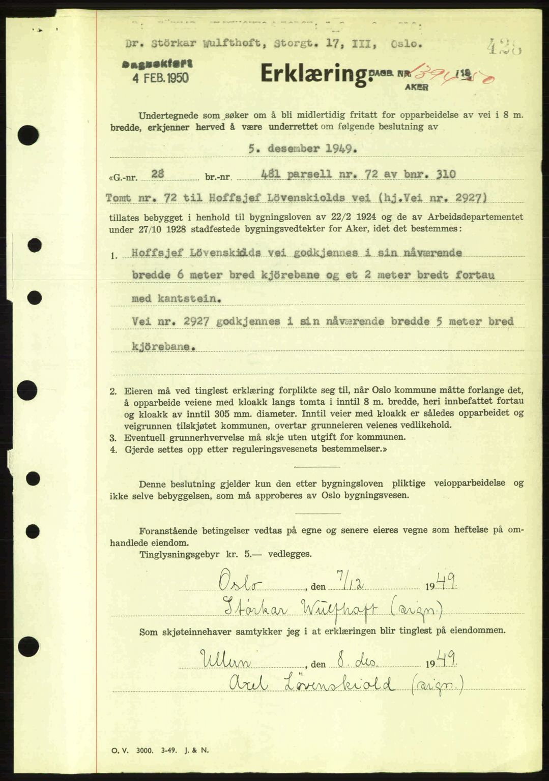 Oslo byskriverembete, AV/SAO-A-10227/G/Gb/Gbd/Gbda/L0017: Mortgage book no. A215, 1949-1950, Diary no: : 1394/1950
