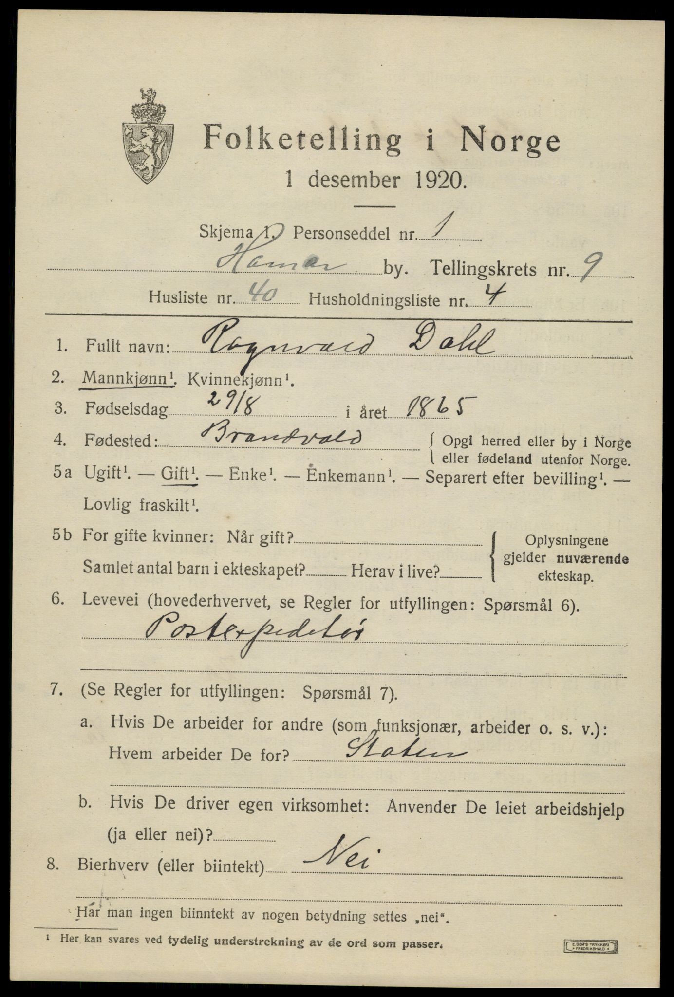 SAH, 1920 census for Hamar, 1920, p. 16923