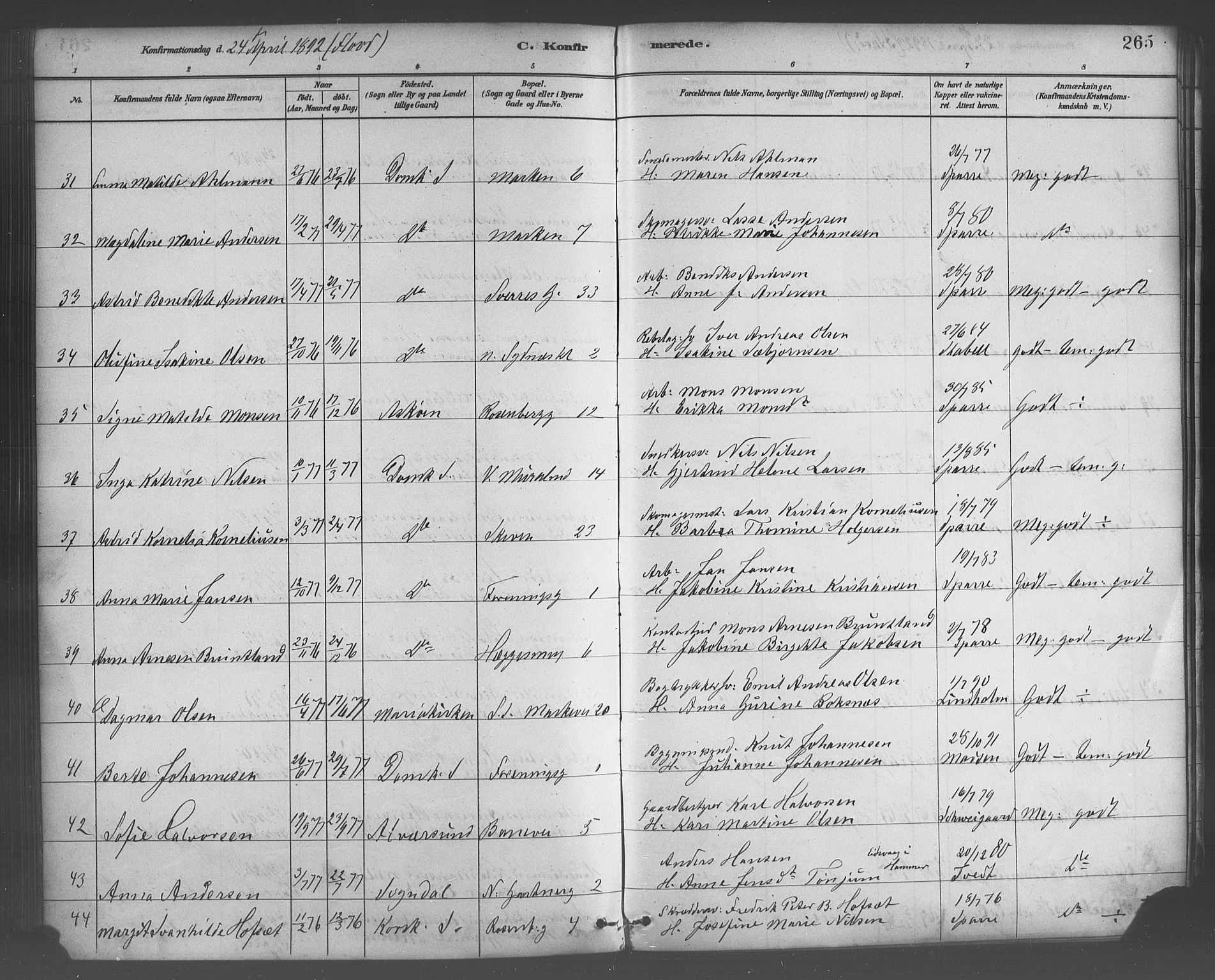 Domkirken sokneprestembete, SAB/A-74801/H/Haa/L0030: Parish register (official) no. C 5, 1880-1898, p. 265