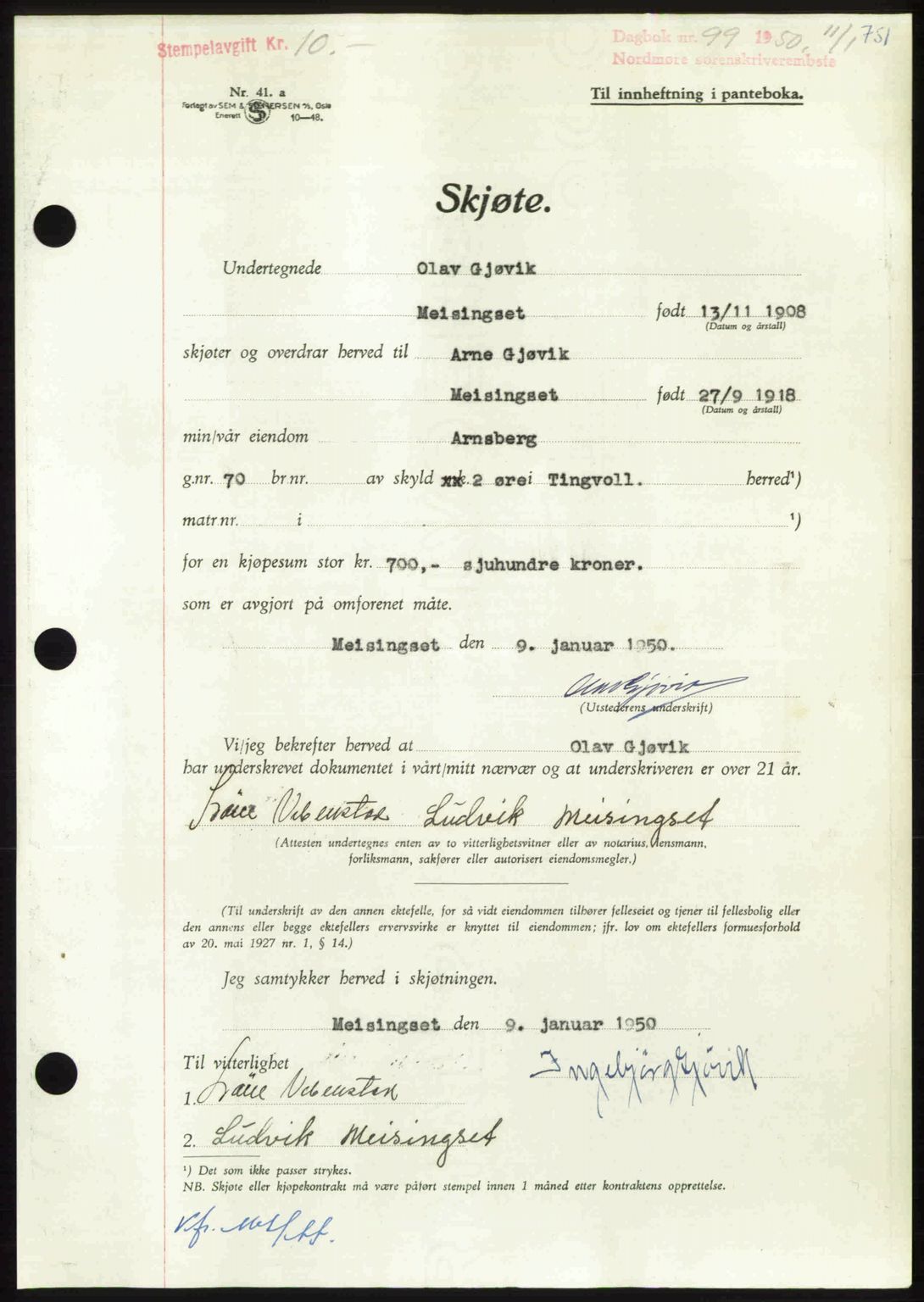 Nordmøre sorenskriveri, AV/SAT-A-4132/1/2/2Ca: Mortgage book no. A113, 1949-1950, Diary no: : 99/1950