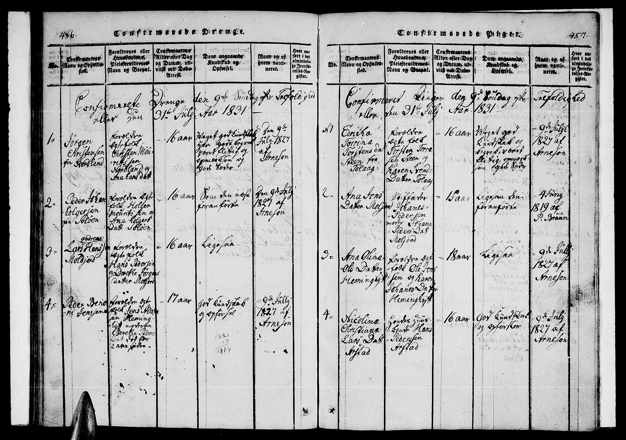 Ministerialprotokoller, klokkerbøker og fødselsregistre - Nordland, AV/SAT-A-1459/846/L0651: Parish register (copy) no. 846C01, 1821-1841, p. 486-487