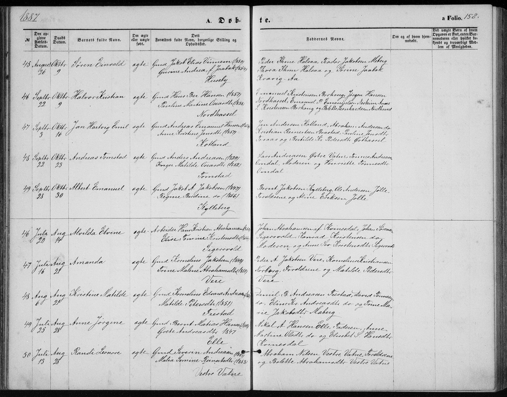 Lista sokneprestkontor, AV/SAK-1111-0027/F/Fb/L0004: Parish register (copy) no. B 4, 1877-1891, p. 158