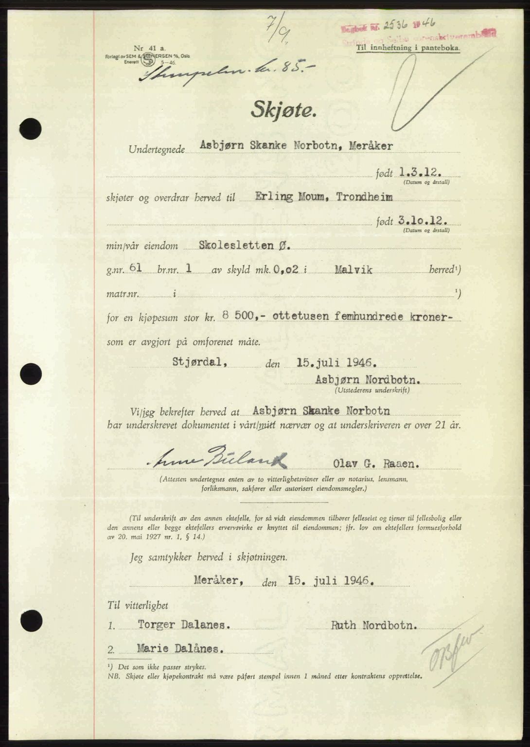 Strinda og Selbu sorenskriveri, AV/SAT-A-0015/2/2C: Mortgage book no. A11, 1946-1947, Diary no: : 2536/1946