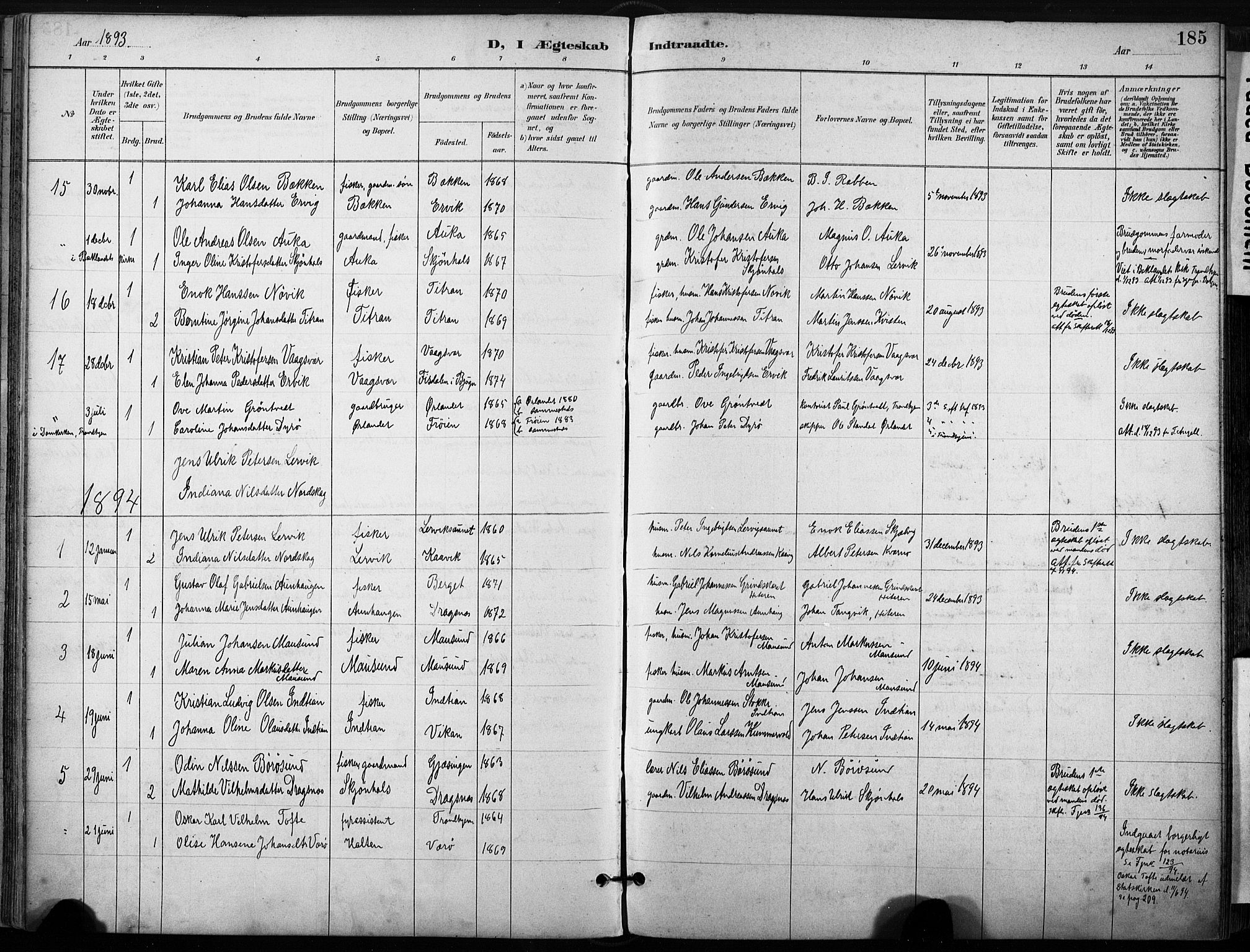 Ministerialprotokoller, klokkerbøker og fødselsregistre - Sør-Trøndelag, SAT/A-1456/640/L0579: Parish register (official) no. 640A04, 1889-1902, p. 185
