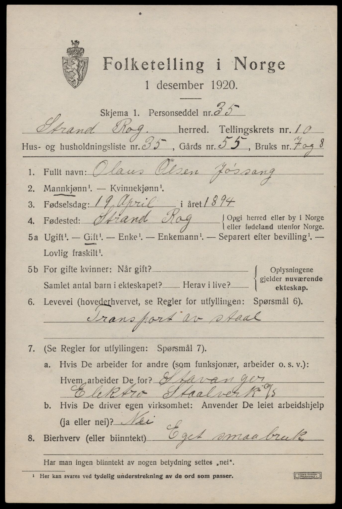 SAST, 1920 census for Strand, 1920, p. 7039