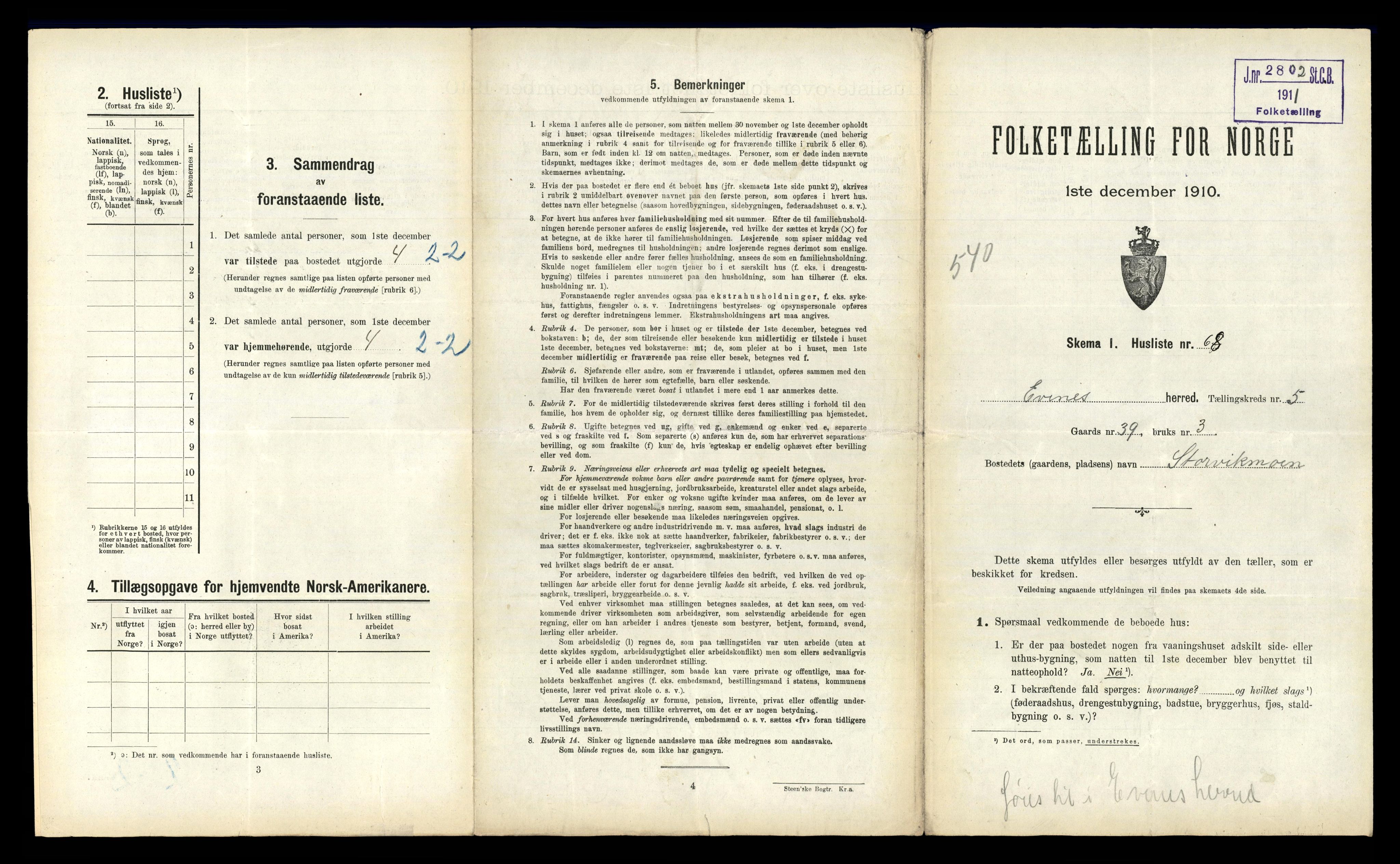 RA, 1910 census for Evenes, 1910, p. 809