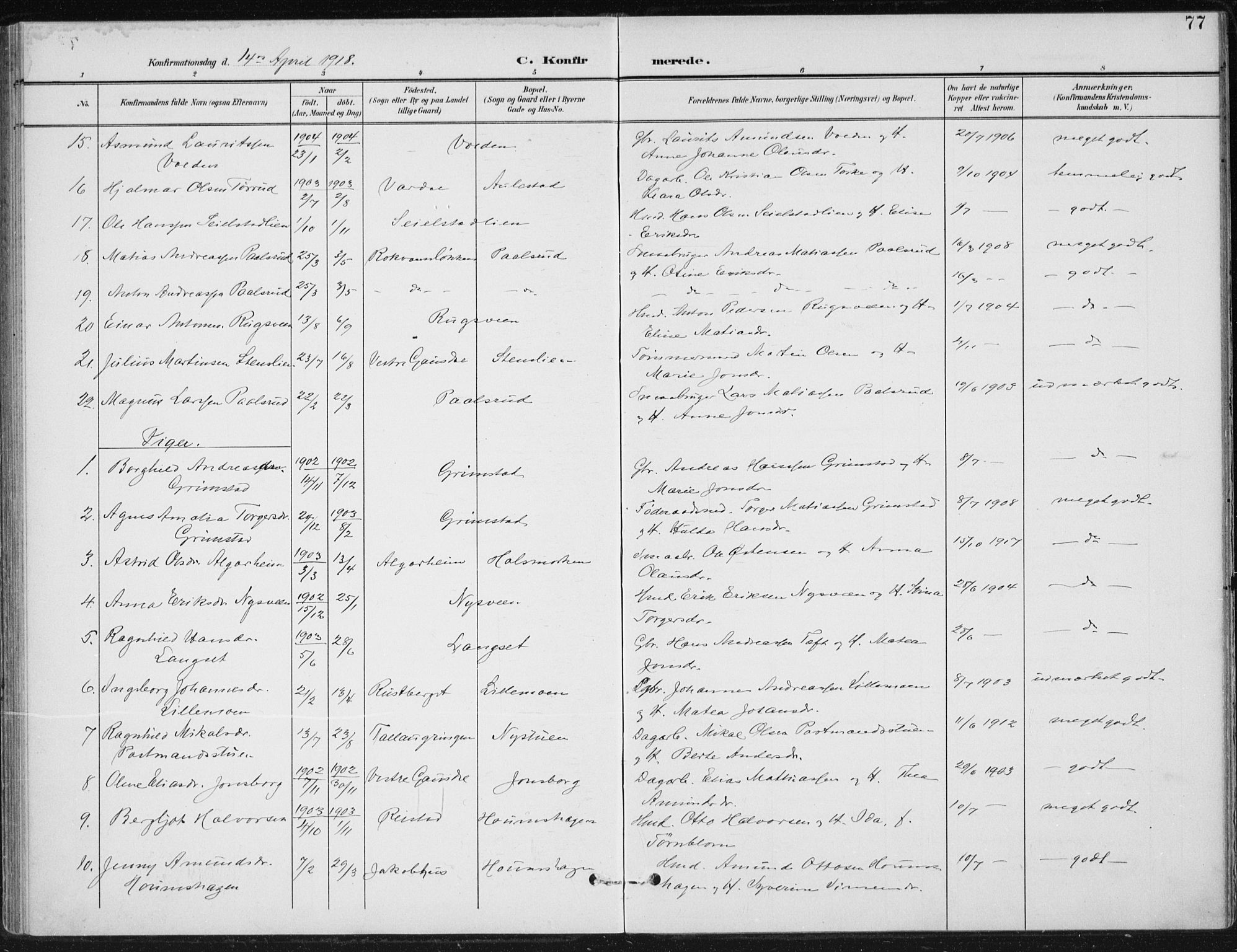 Østre Gausdal prestekontor, SAH/PREST-092/H/Ha/Haa/L0005: Parish register (official) no. 5, 1902-1920, p. 77