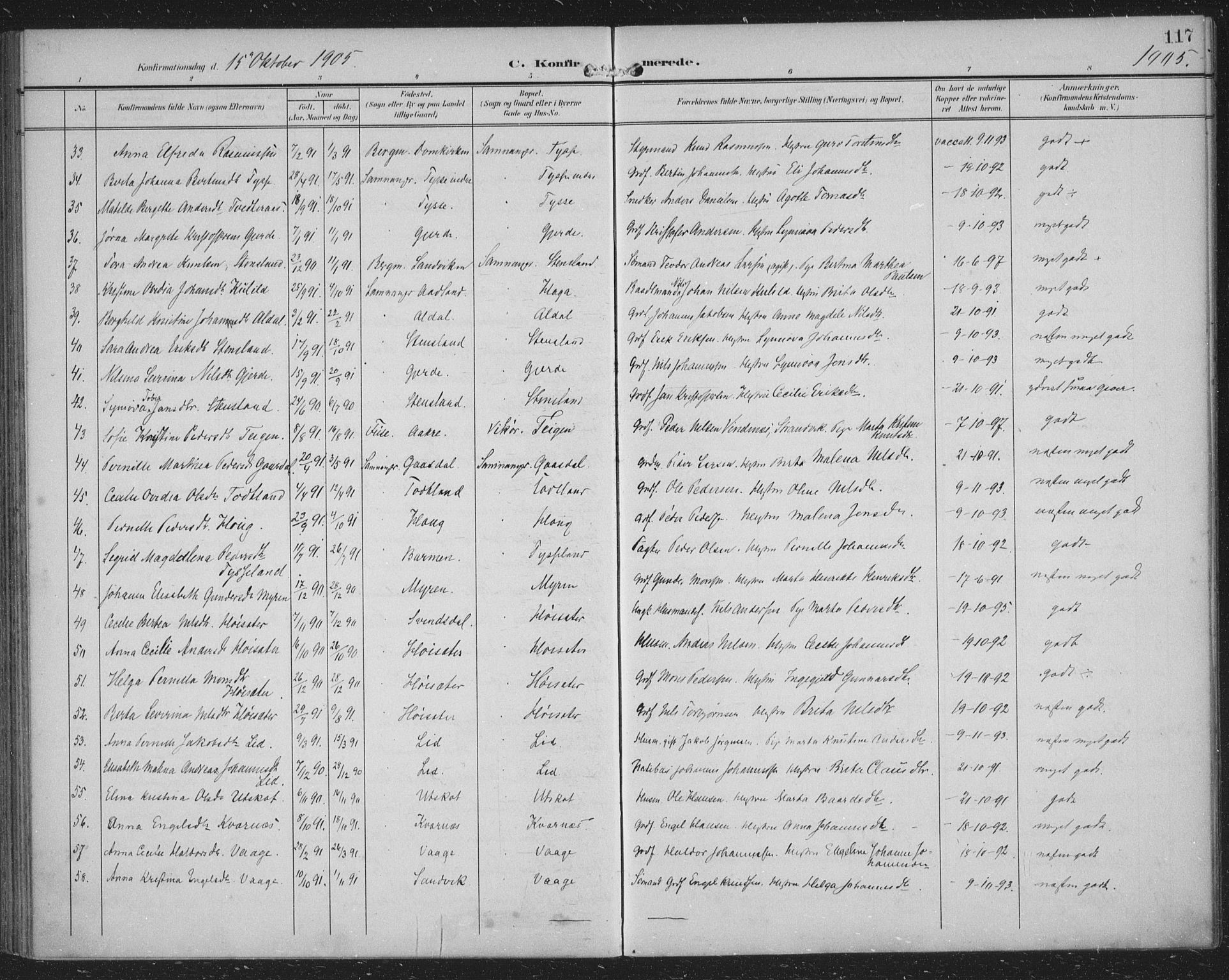 Samnanger Sokneprestembete, AV/SAB-A-77501/H/Haa: Parish register (official) no. A 2, 1902-1918, p. 117