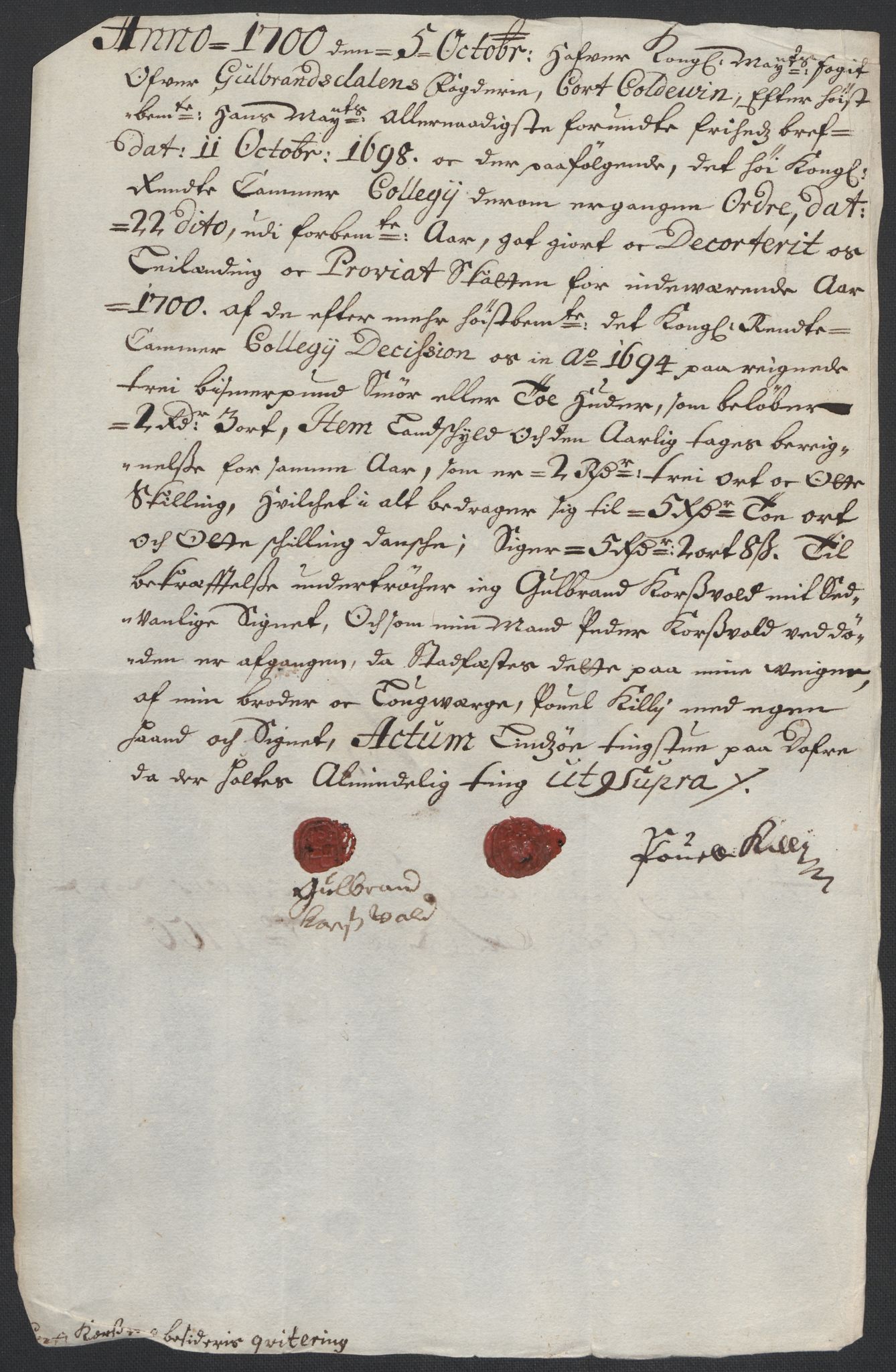 Rentekammeret inntil 1814, Reviderte regnskaper, Fogderegnskap, AV/RA-EA-4092/R17/L1173: Fogderegnskap Gudbrandsdal, 1700, p. 154