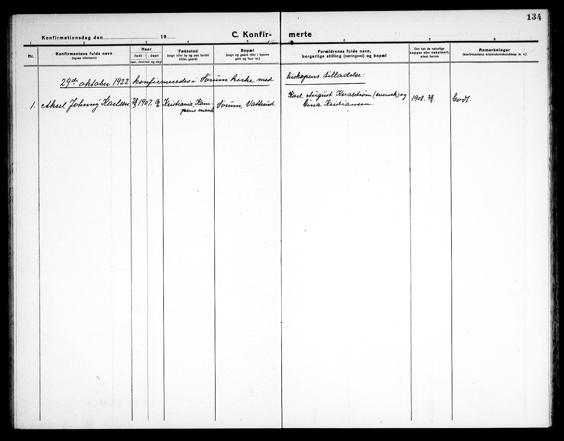 Sørum prestekontor Kirkebøker, AV/SAO-A-10303/G/Ga/L0008: Parish register (copy) no. I 8, 1917-1934, p. 134