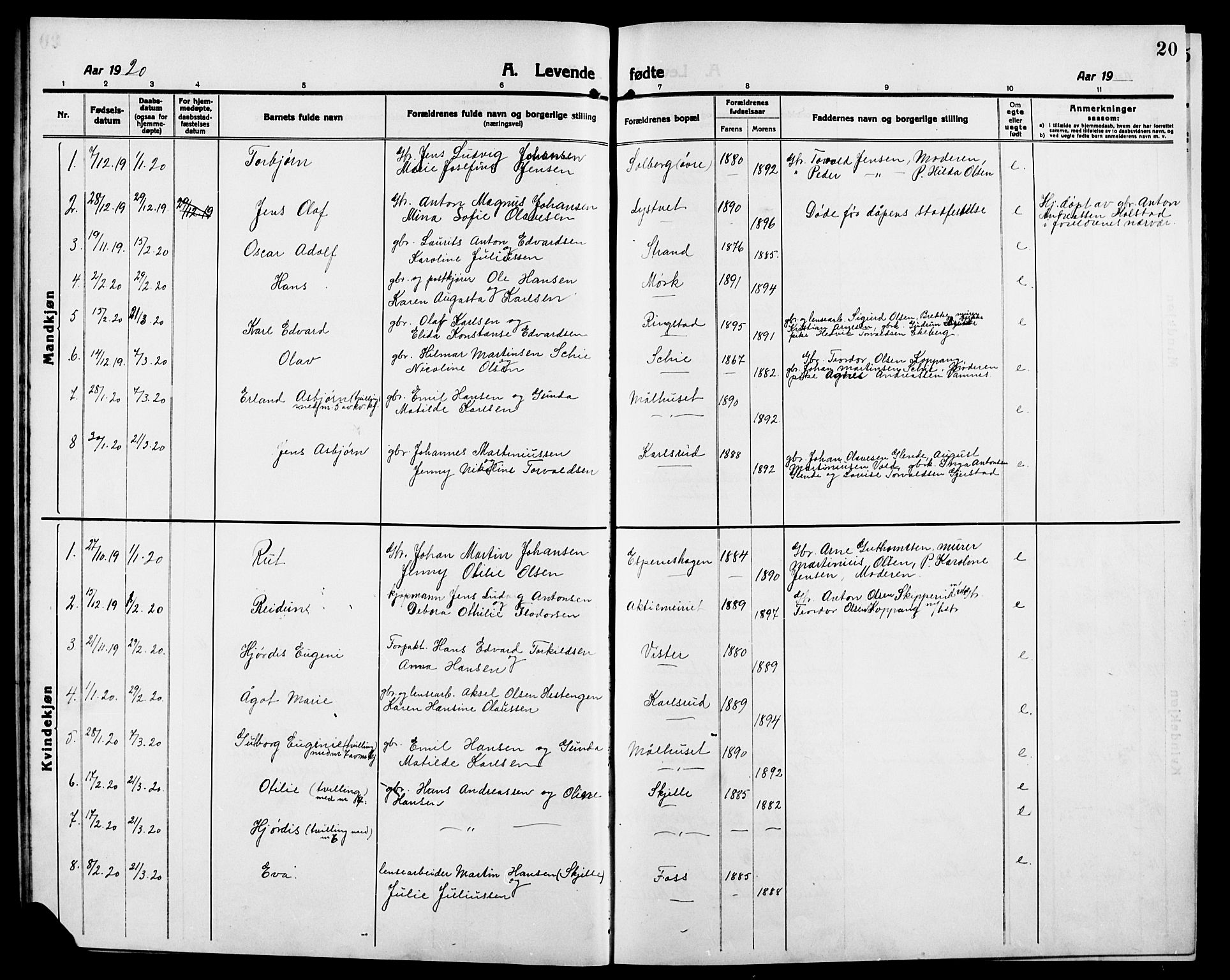 Skiptvet prestekontor Kirkebøker, SAO/A-20009/G/Ga/L0003: Parish register (copy) no. 3, 1916-1924, p. 20