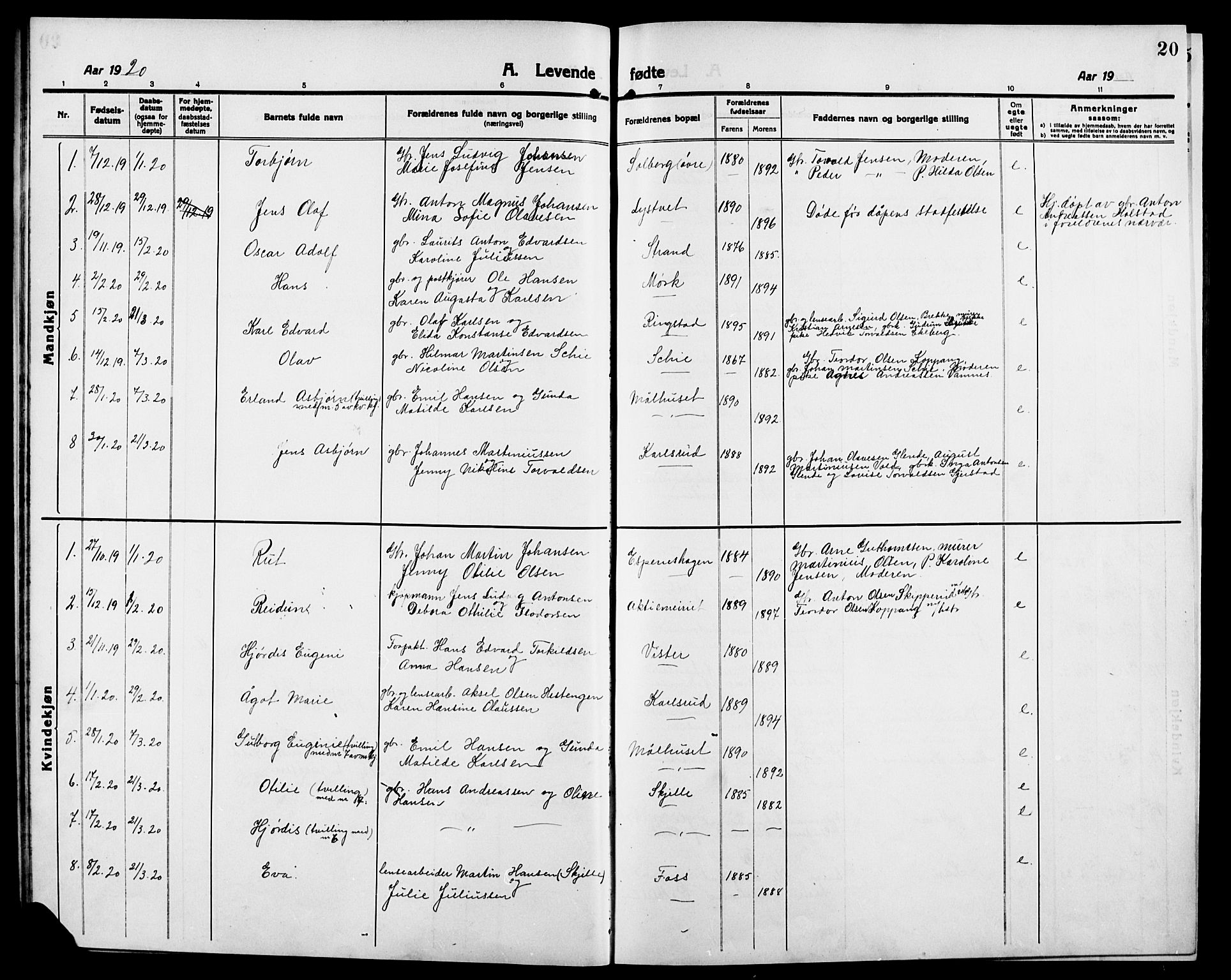 Skiptvet prestekontor Kirkebøker, AV/SAO-A-20009/G/Ga/L0003: Parish register (copy) no. 3, 1916-1924, p. 20