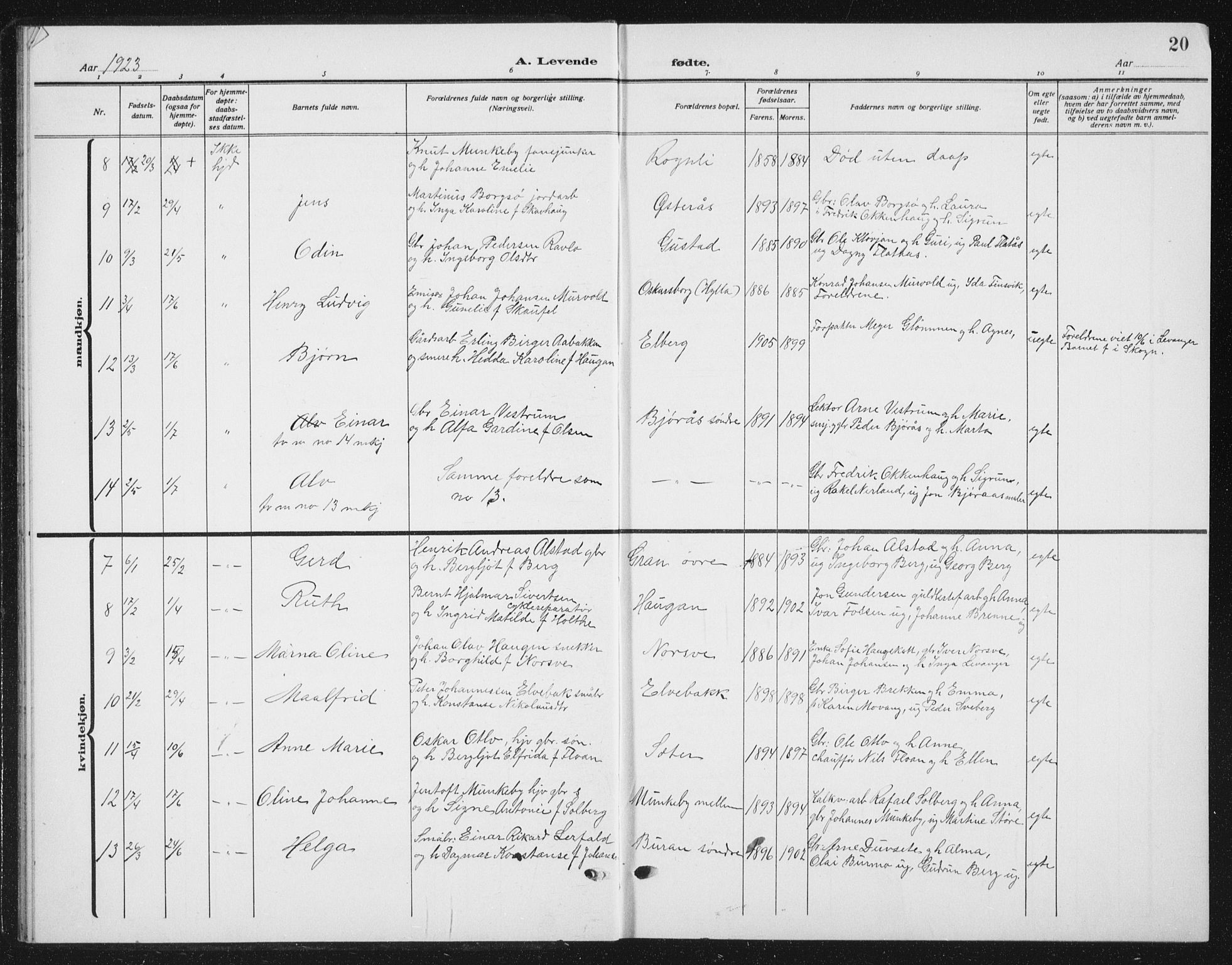 Ministerialprotokoller, klokkerbøker og fødselsregistre - Nord-Trøndelag, SAT/A-1458/721/L0209: Parish register (copy) no. 721C02, 1918-1940, p. 20