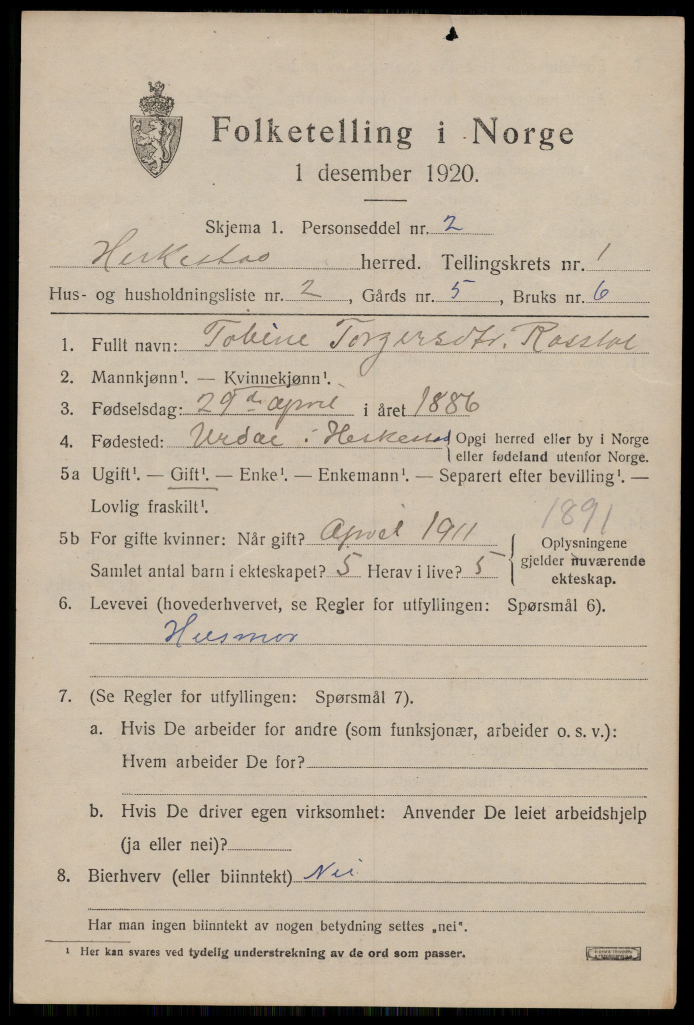 SAST, 1920 census for Heskestad, 1920, p. 381