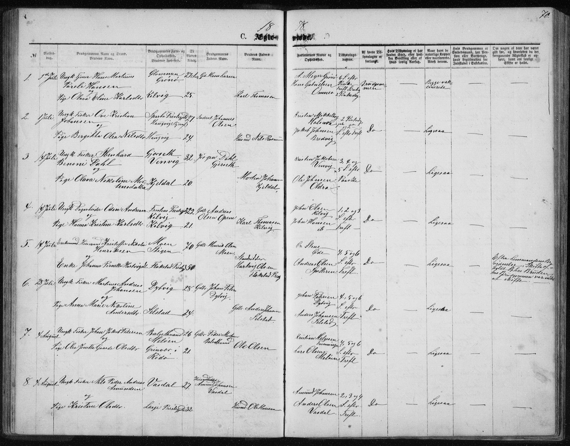 Ministerialprotokoller, klokkerbøker og fødselsregistre - Nordland, AV/SAT-A-1459/843/L0635: Parish register (copy) no. 843C04, 1872-1887, p. 70