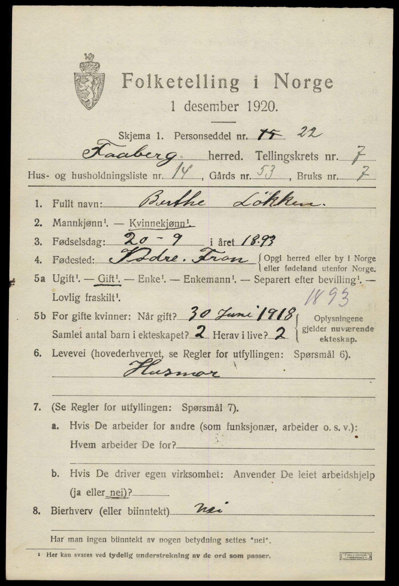 SAH, 1920 census for Fåberg, 1920, p. 8018