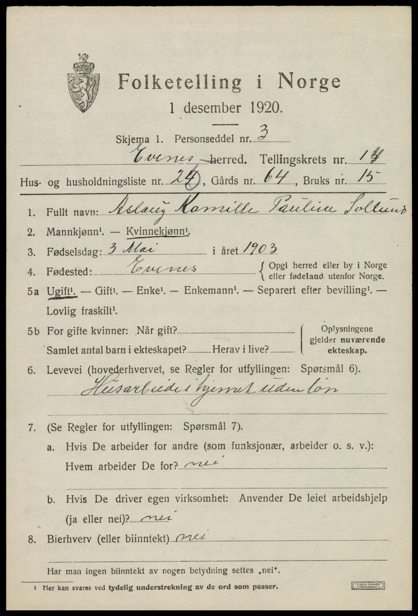 SAT, 1920 census for Evenes, 1920, p. 12492