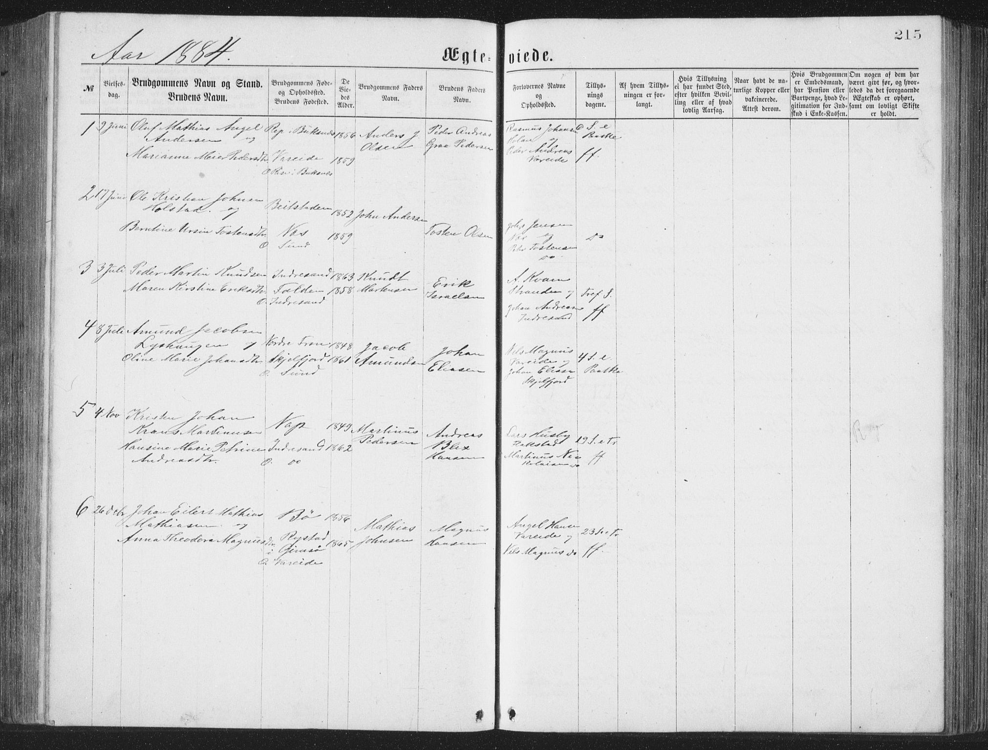 Ministerialprotokoller, klokkerbøker og fødselsregistre - Nordland, SAT/A-1459/885/L1213: Parish register (copy) no. 885C02, 1874-1892, p. 215