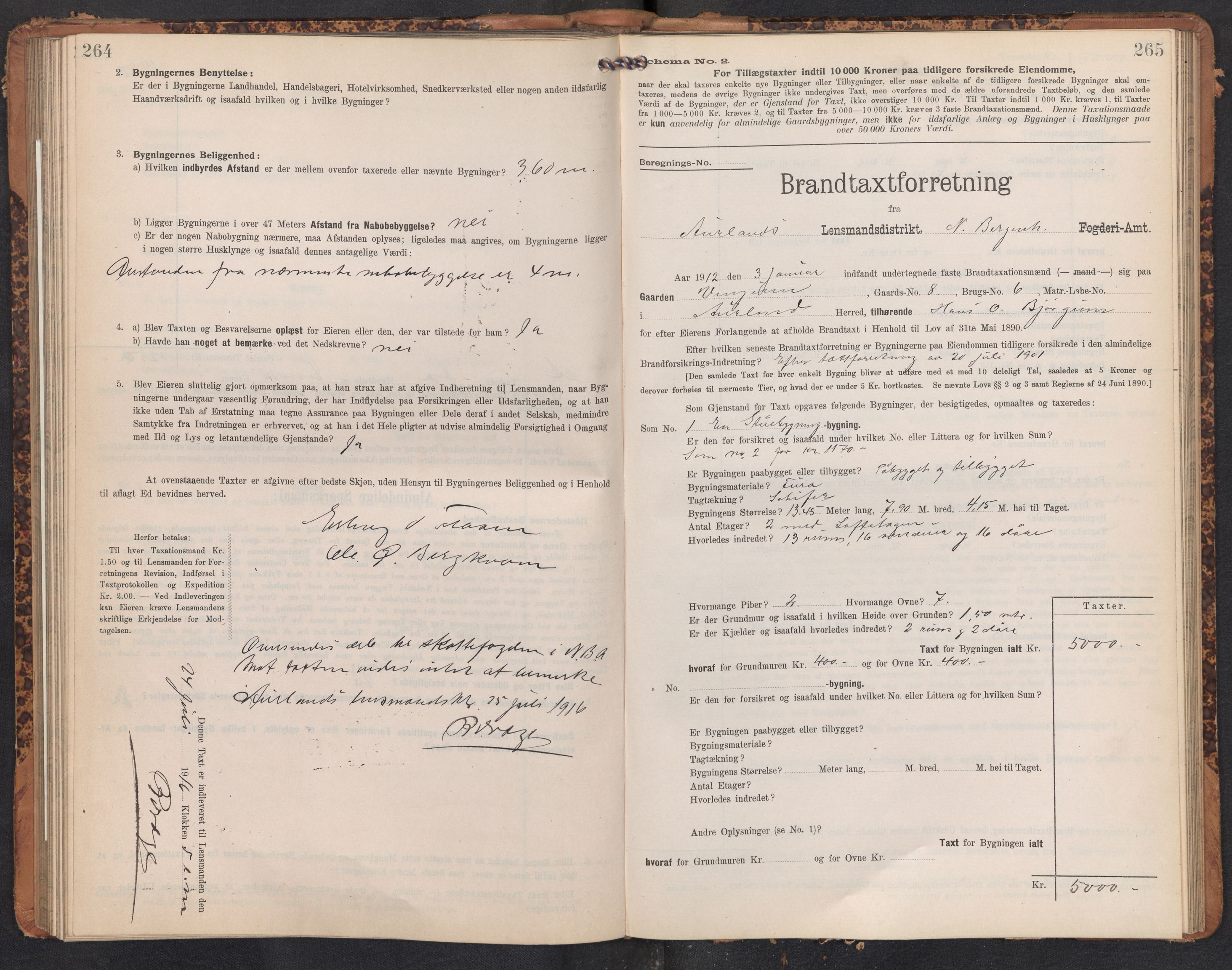 Lensmannen i Aurland, SAB/A-26401/0012/L0005: Branntakstprotokoll, skjematakst, 1909-1916, p. 264-265