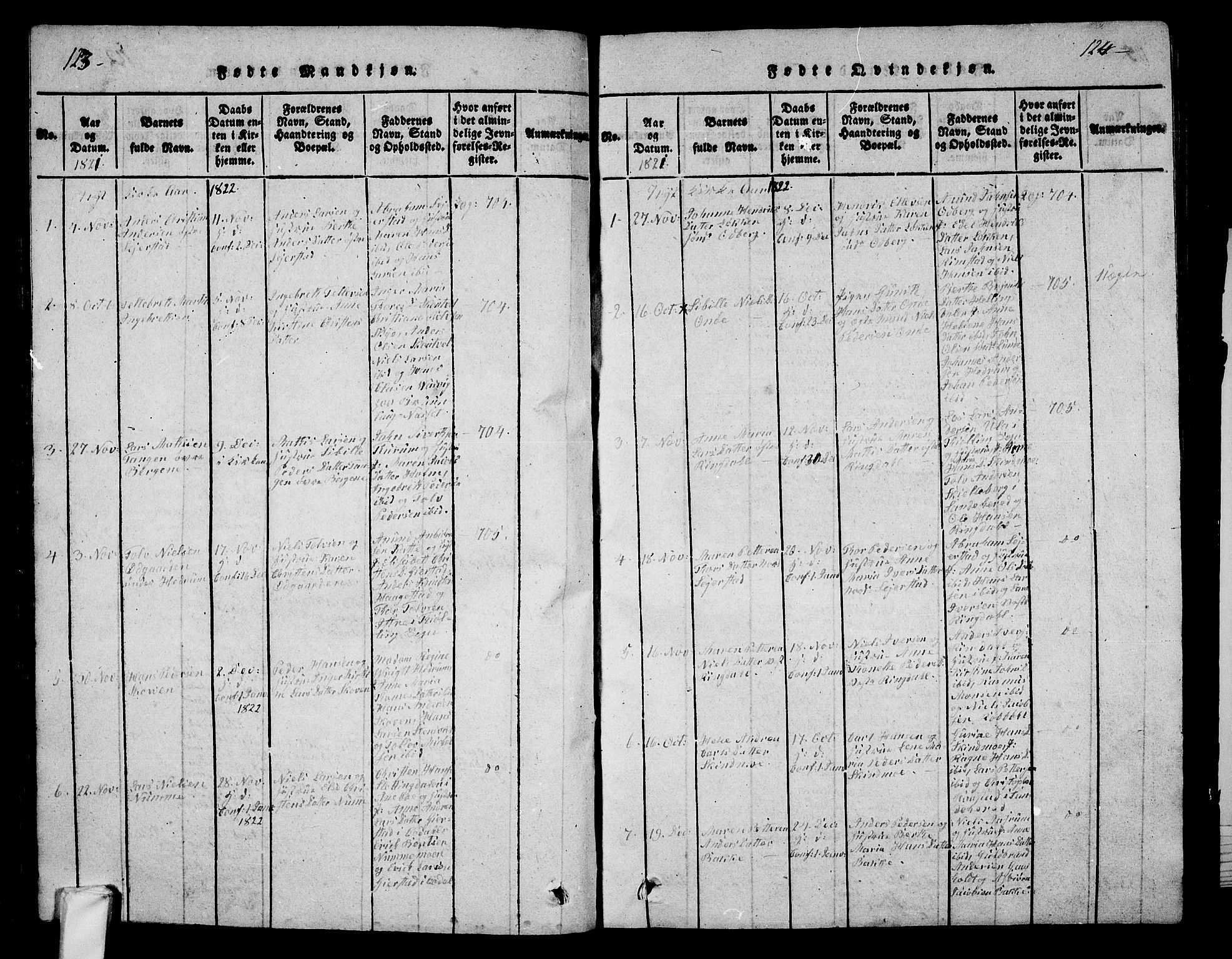 Hedrum kirkebøker, AV/SAKO-A-344/G/Ga/L0003: Parish register (copy) no. I 3, 1817-1835, p. 123-124