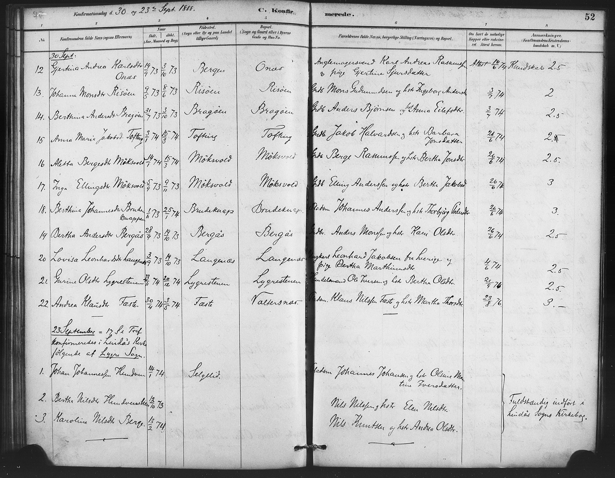 Lindås Sokneprestembete, SAB/A-76701/H/Haa: Parish register (official) no. E 1, 1886-1897, p. 52