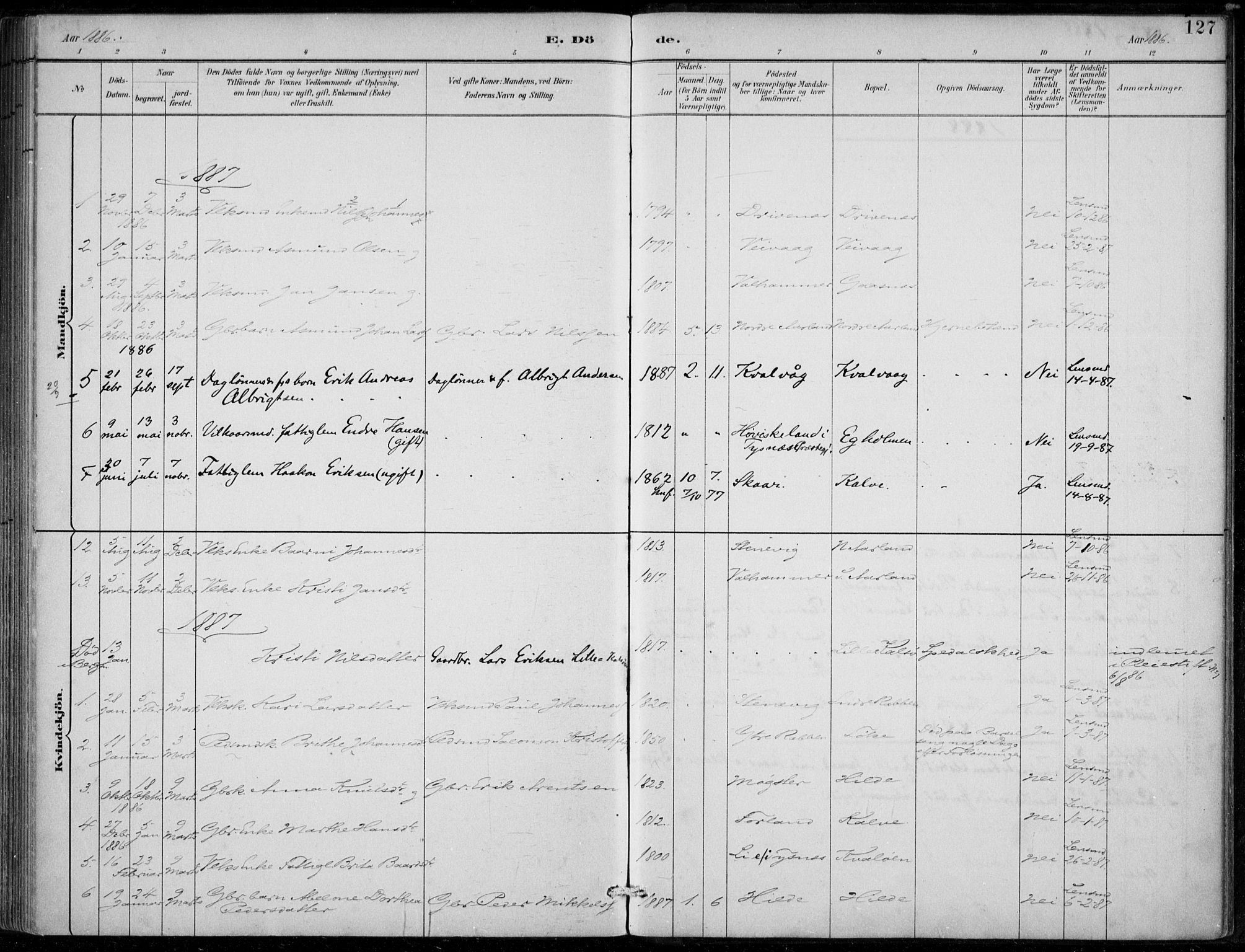 Sund sokneprestembete, AV/SAB-A-99930: Parish register (official) no. D 1, 1882-1899, p. 127