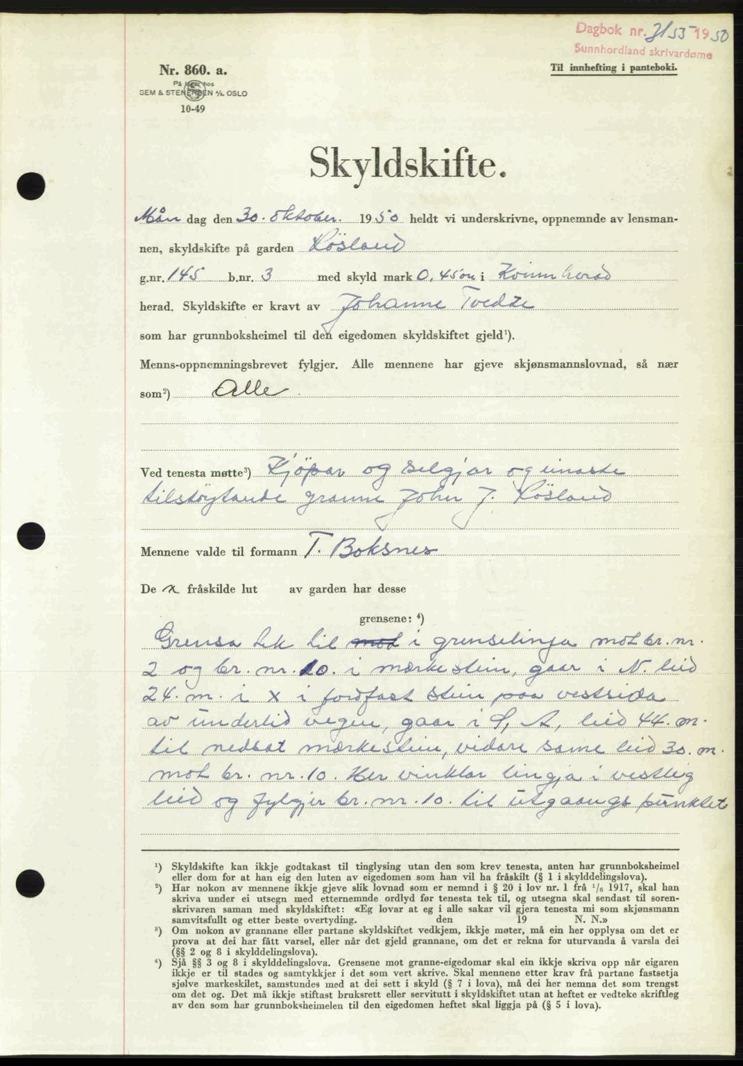 Sunnhordland sorenskrivar, AV/SAB-A-2401: Mortgage book no. A95, 1950-1950, Diary no: : 3155/1950