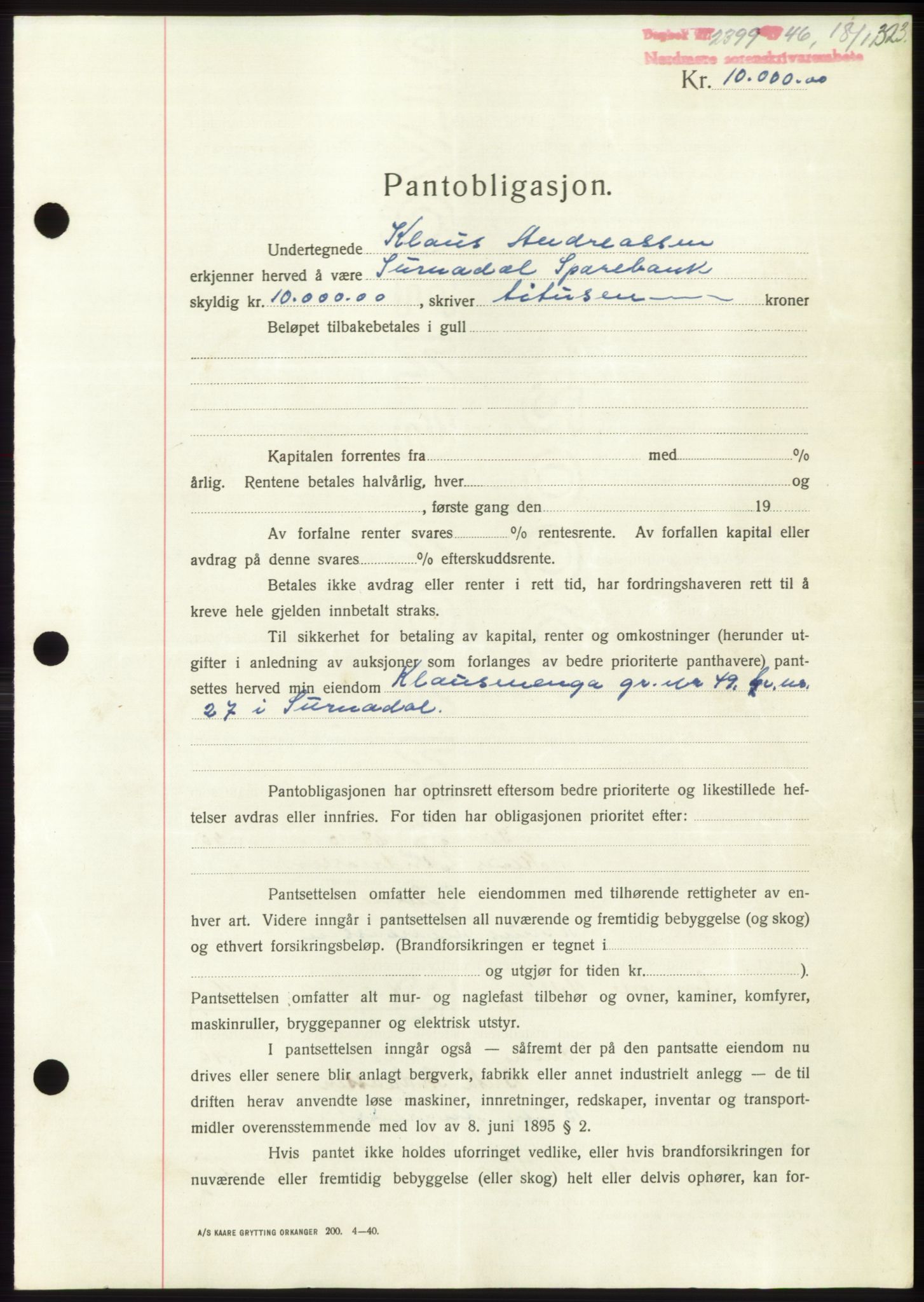 Nordmøre sorenskriveri, AV/SAT-A-4132/1/2/2Ca: Mortgage book no. B95, 1946-1947, Diary no: : 2399/1946