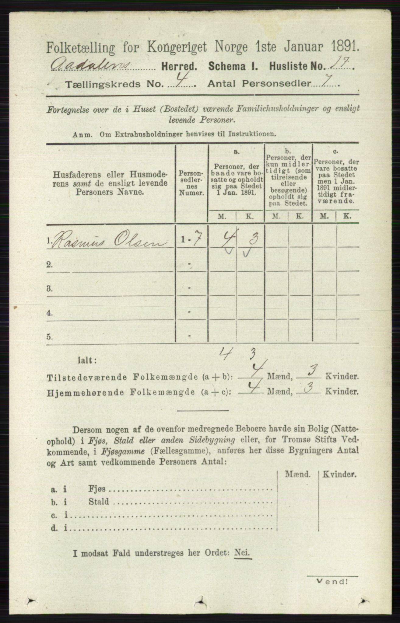 RA, 1891 census for 0614 Ådal, 1891, p. 1467