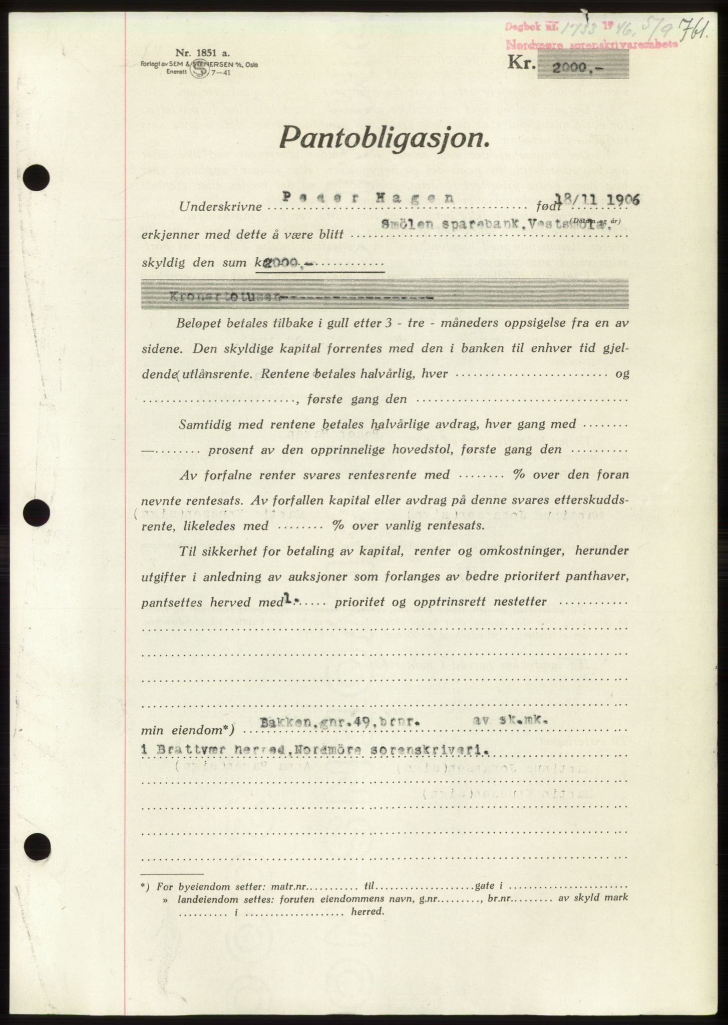 Nordmøre sorenskriveri, AV/SAT-A-4132/1/2/2Ca: Mortgage book no. B94, 1946-1946, Diary no: : 1733/1946