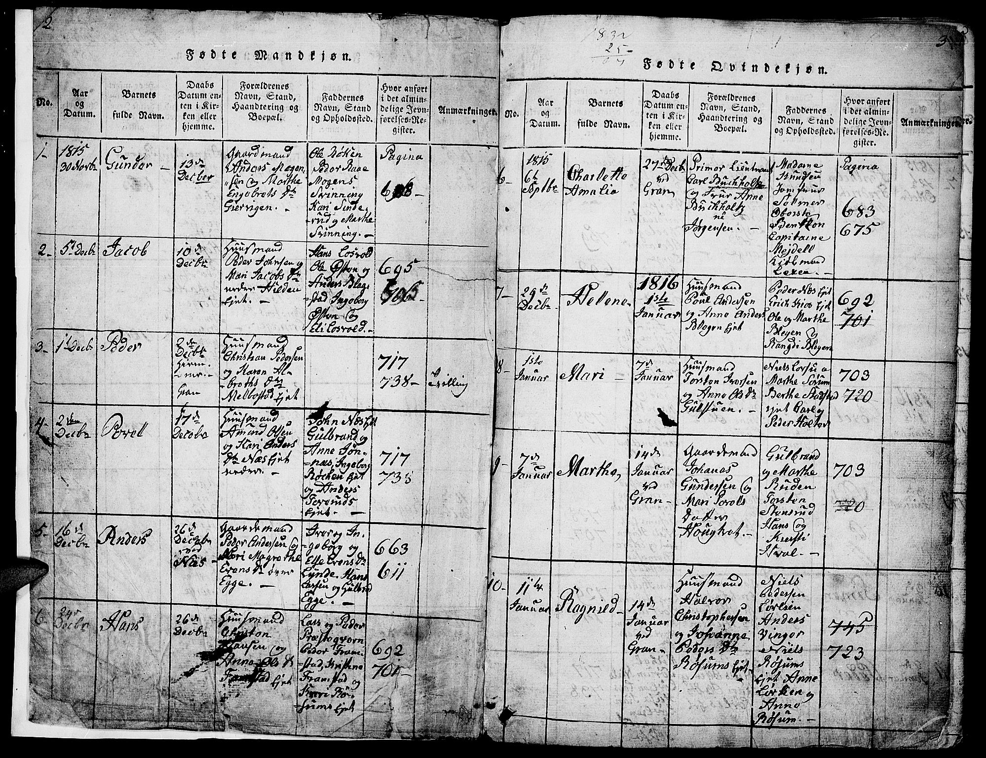 Gran prestekontor, SAH/PREST-112/H/Ha/Hab/L0001: Parish register (copy) no. 1, 1815-1824, p. 2-3