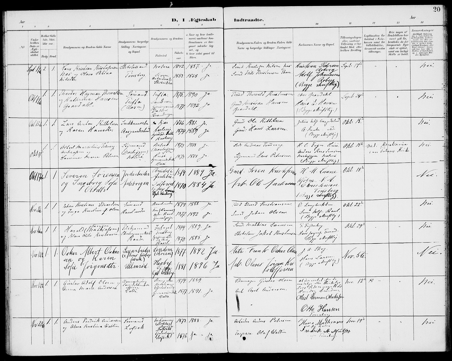 Sem kirkebøker, SAKO/A-5/H/Ha/L0001: Banns register no. 1, 1894-1909, p. 20