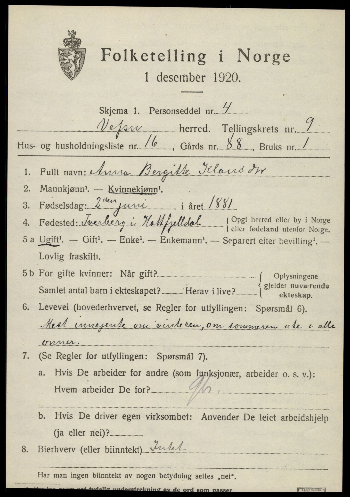 SAT, 1920 census for Vefsn, 1920, p. 5893