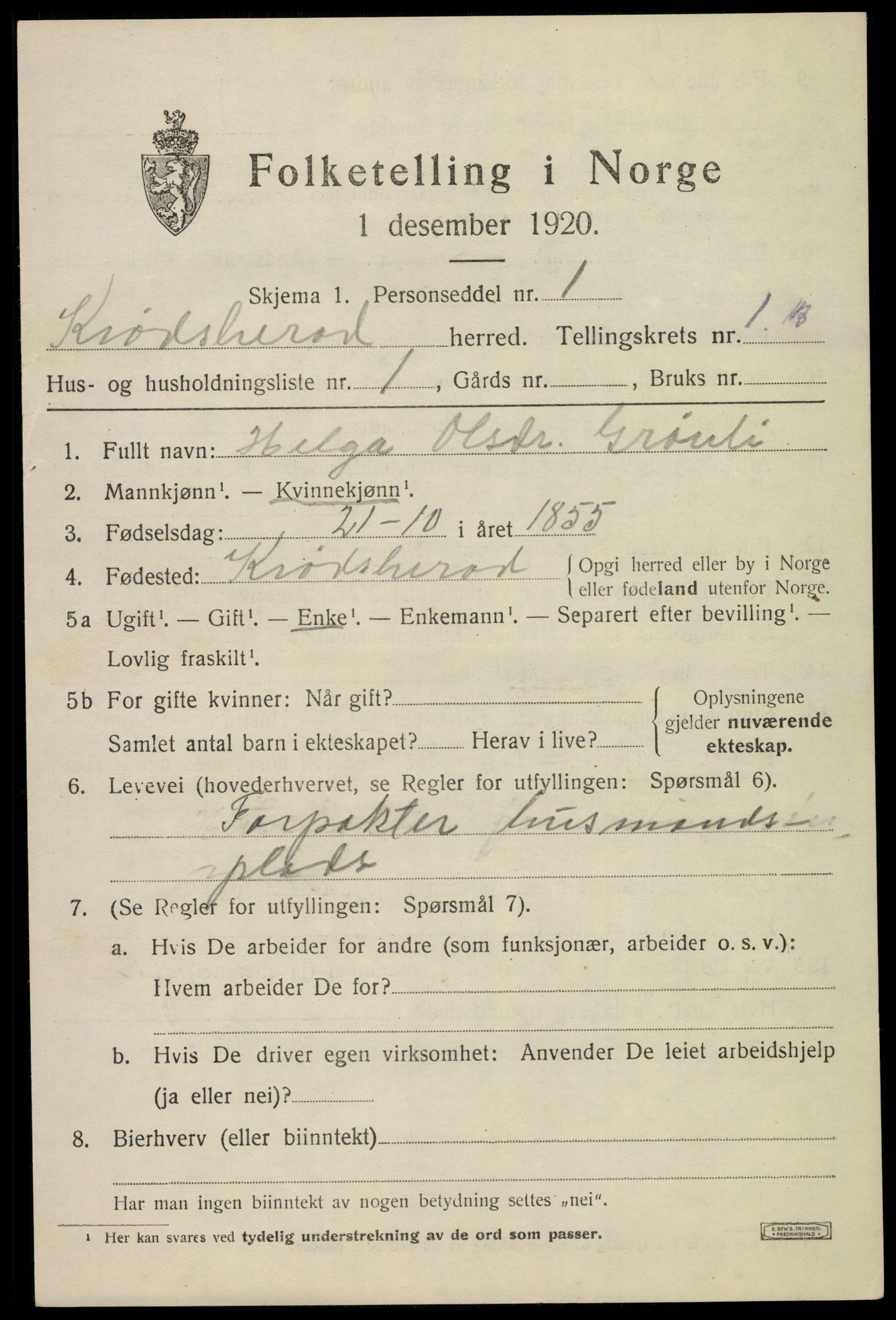 SAKO, 1920 census for Krødsherad, 1920, p. 2375