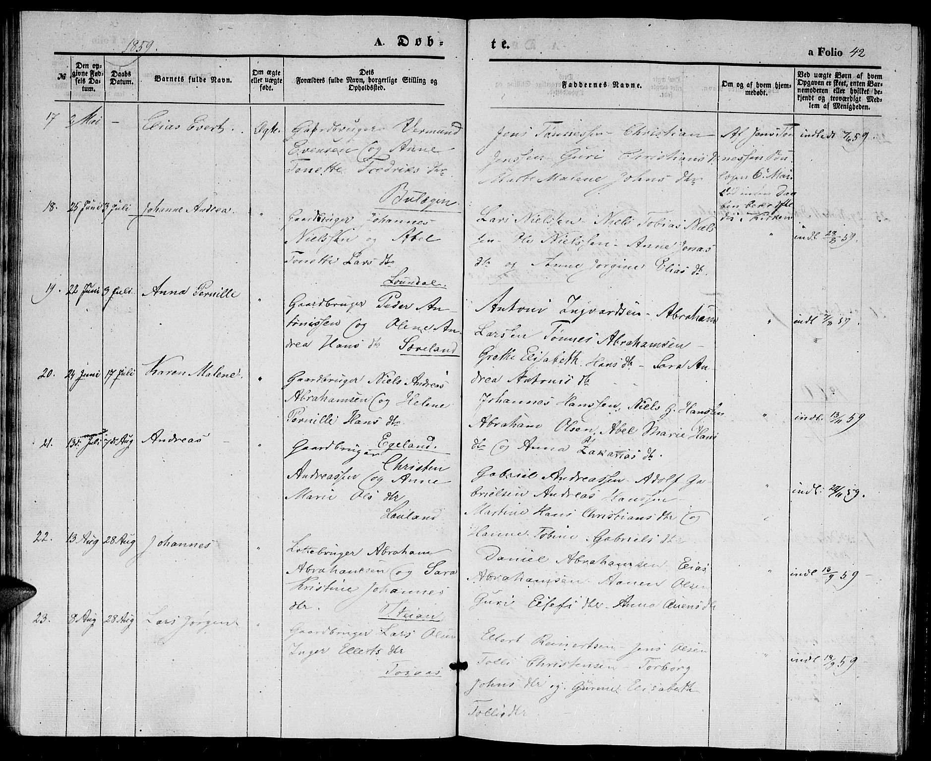 Herad sokneprestkontor, AV/SAK-1111-0018/F/Fb/Fba/L0002: Parish register (copy) no. B 2, 1852-1862, p. 42