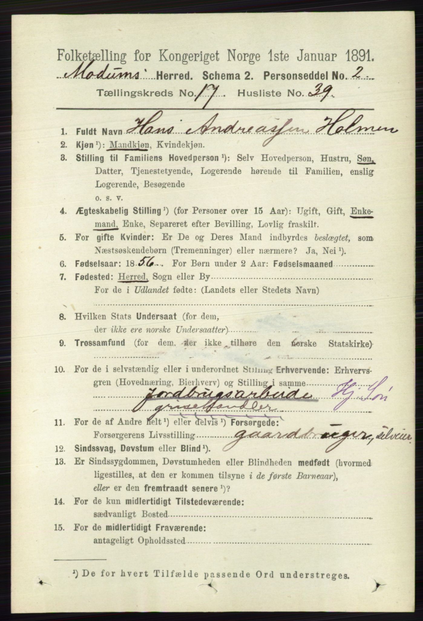 RA, 1891 census for 0623 Modum, 1891, p. 6839